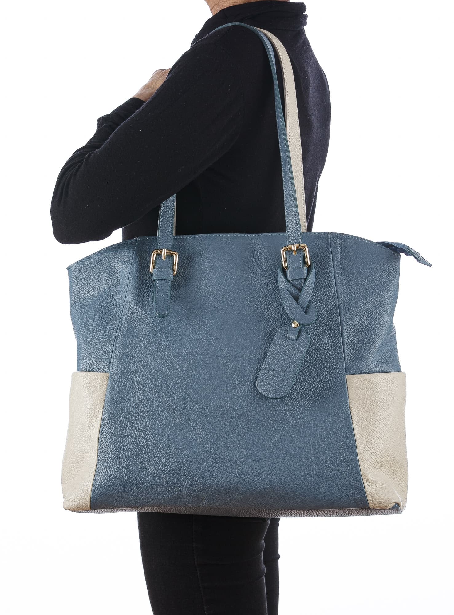 Borsa a spalla da donna in vera pelle CLERY, colore AZZURRO/PANNA, CHIARO SCURO, MADE IN ITALY
