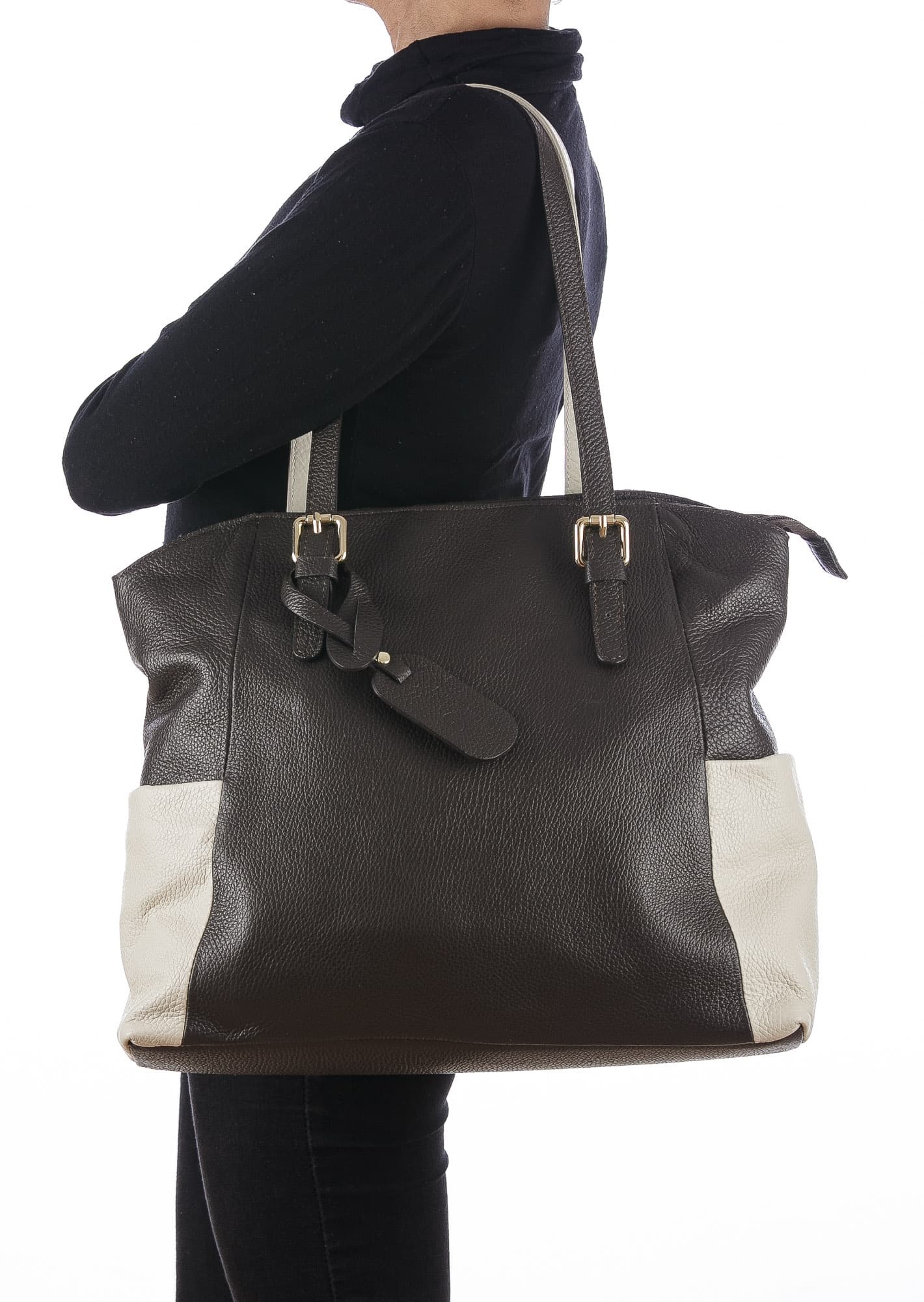 Borsa a spalla da donna in vera pelle CLERY, colore TESTA MORO/PANNA, CHIARO SCURO, MADE IN ITALY