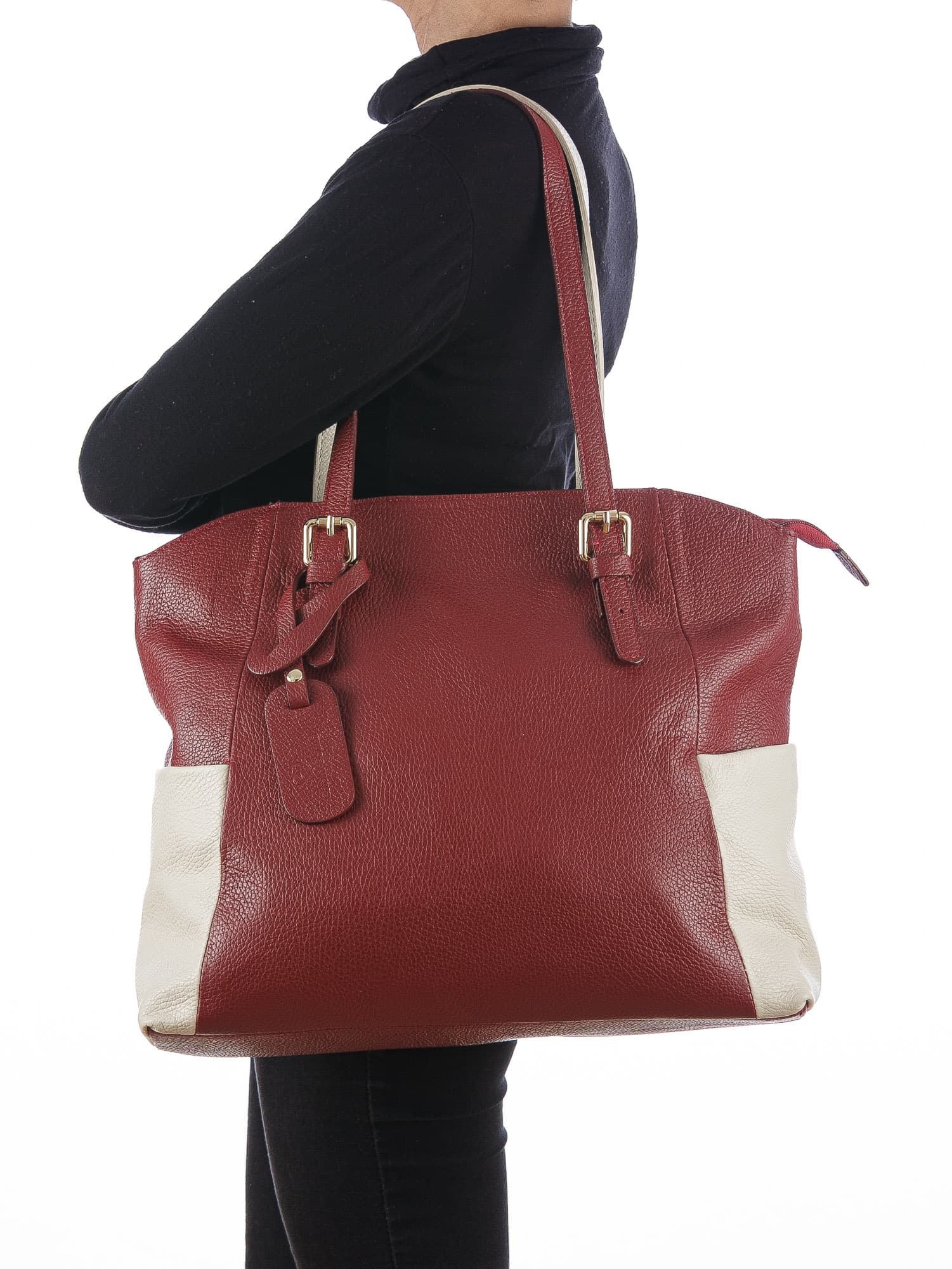 Borsa a spalla da donna in vera pelle CLERY, colore ROSSO/PANNA, CHIARO SCURO, MADE IN ITALY