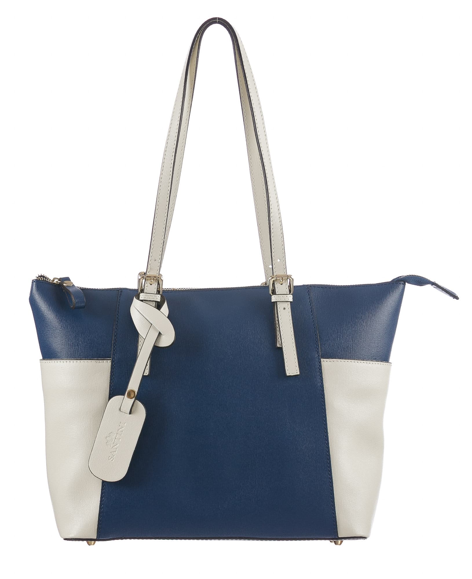Borsa a spalla da donna in vera pelle CLERY, colore BLU/PANNA, CHIARO SCURO, MADE IN ITALY