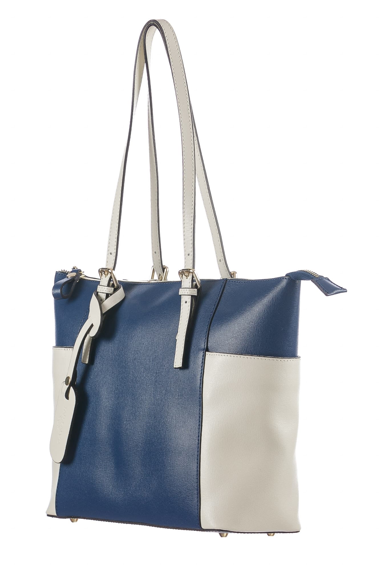 Borsa a spalla da donna in vera pelle CLERY, colore BLU/PANNA, CHIARO SCURO, MADE IN ITALY