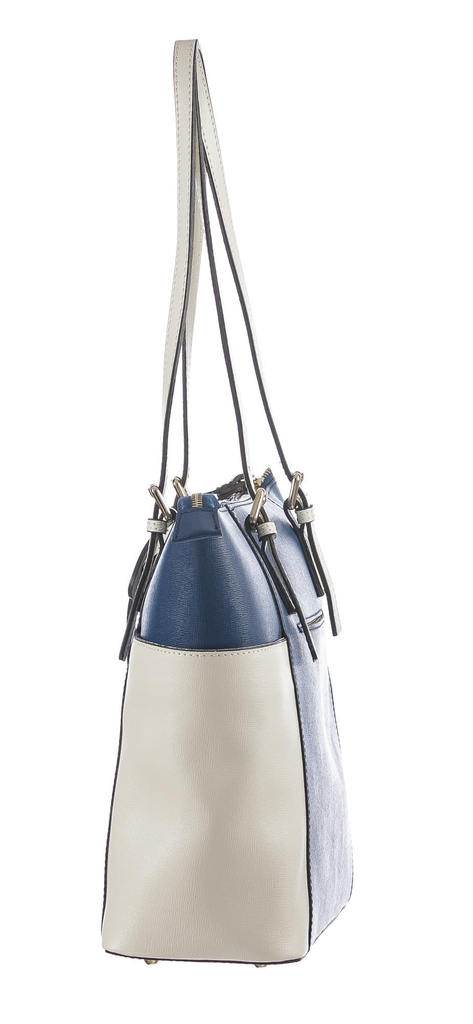 Borsa a spalla da donna in vera pelle CLERY, colore BLU/PANNA, CHIARO SCURO, MADE IN ITALY