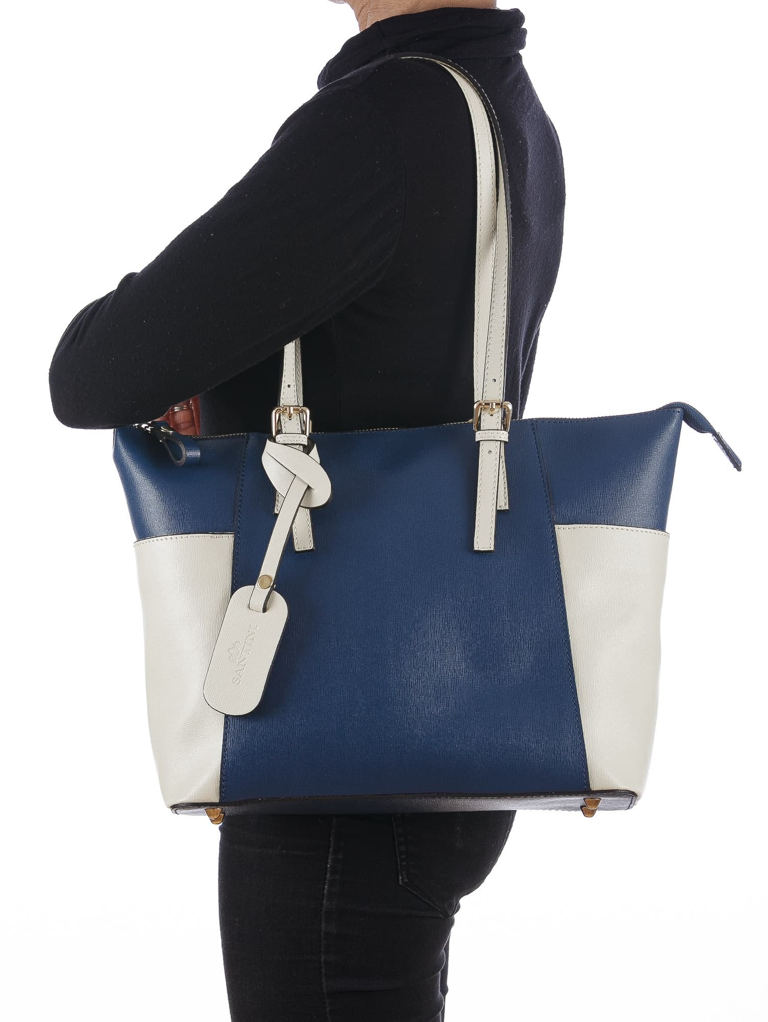 Borsa a spalla da donna in vera pelle CLERY, colore BLU/PANNA, CHIARO SCURO, MADE IN ITALY