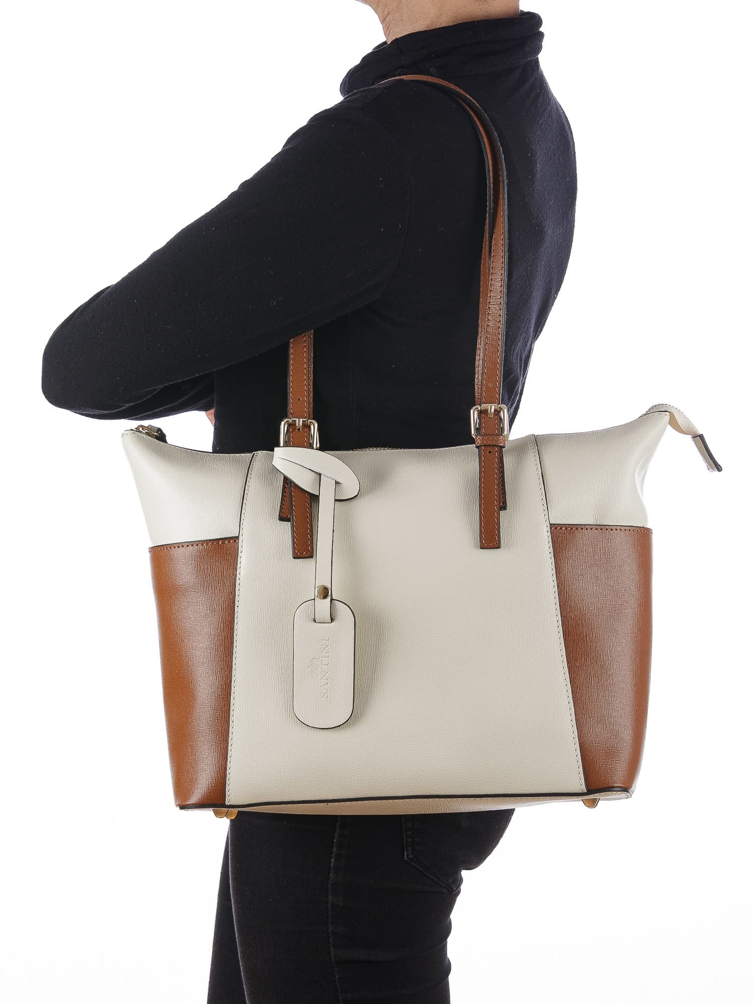 Borsa a spalla da donna in vera pelle CLERY, colore PANNA/MARRONE, CHIARO SCURO, MADE IN ITALY