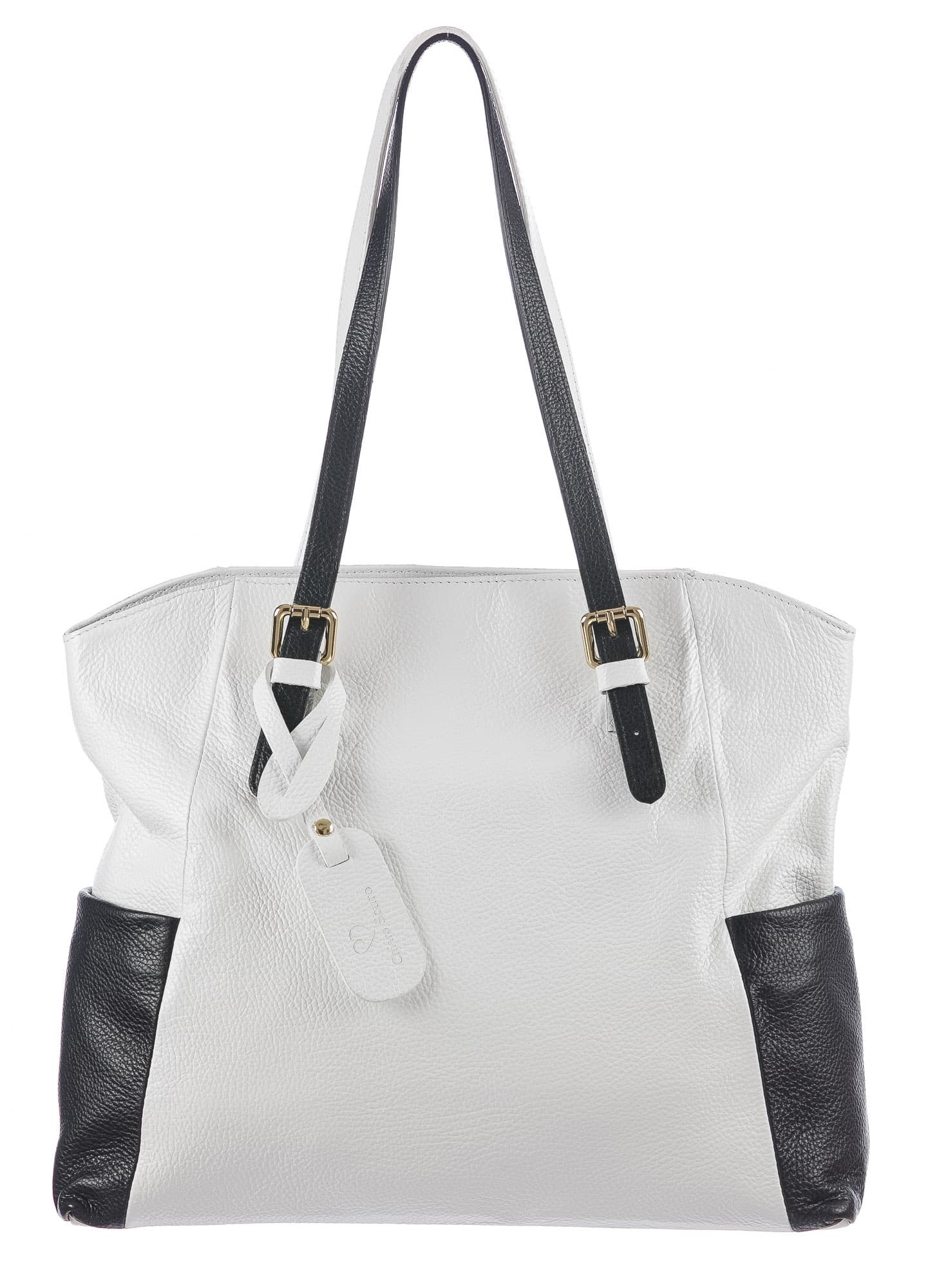 Borsa a spalla da donna in vera pelle CLERY, colore BIANCO/NERO, CHIARO SCURO, MADE IN ITALY