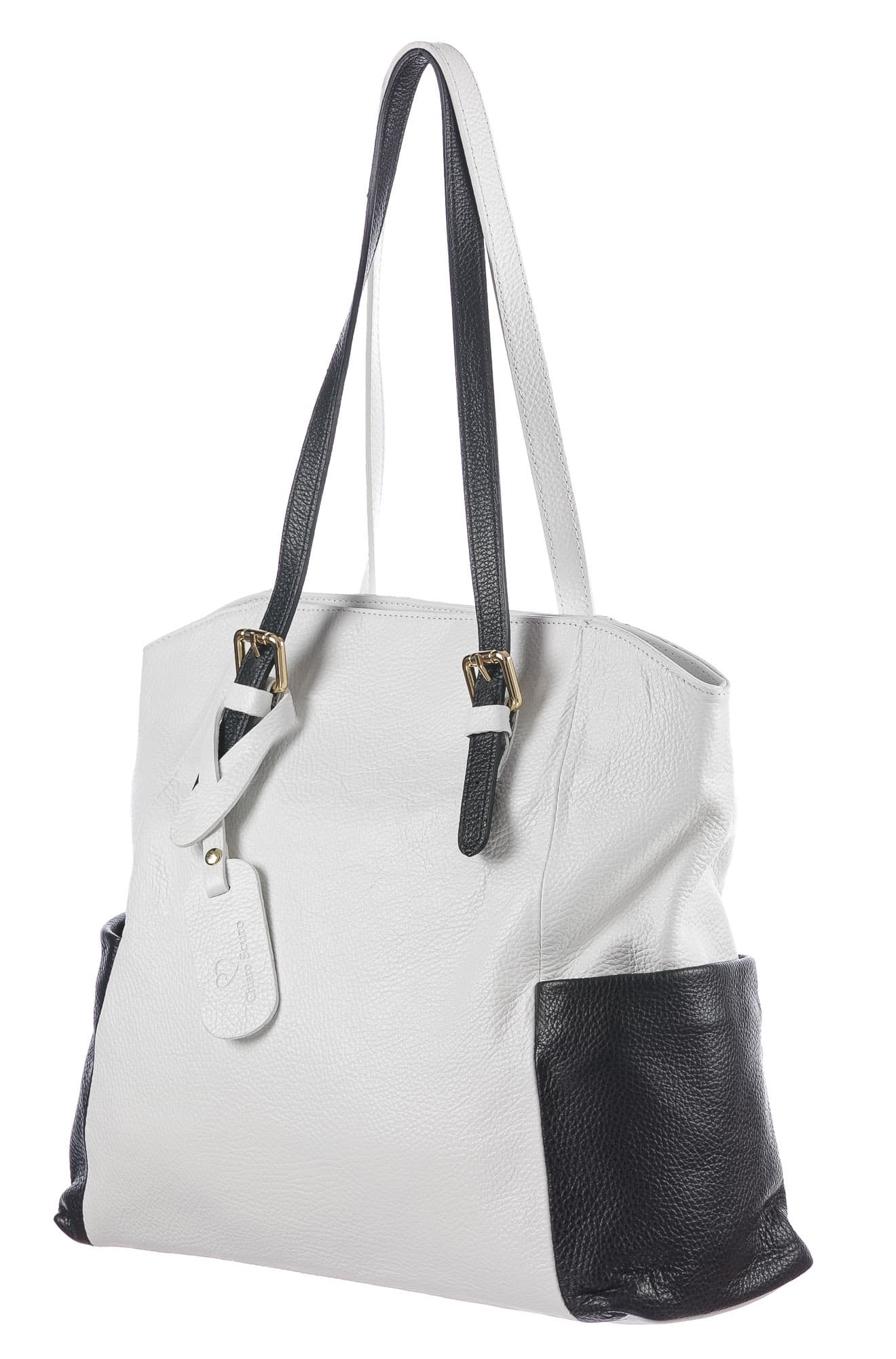 Borsa a spalla da donna in vera pelle CLERY, colore BIANCO/NERO, CHIARO SCURO, MADE IN ITALY
