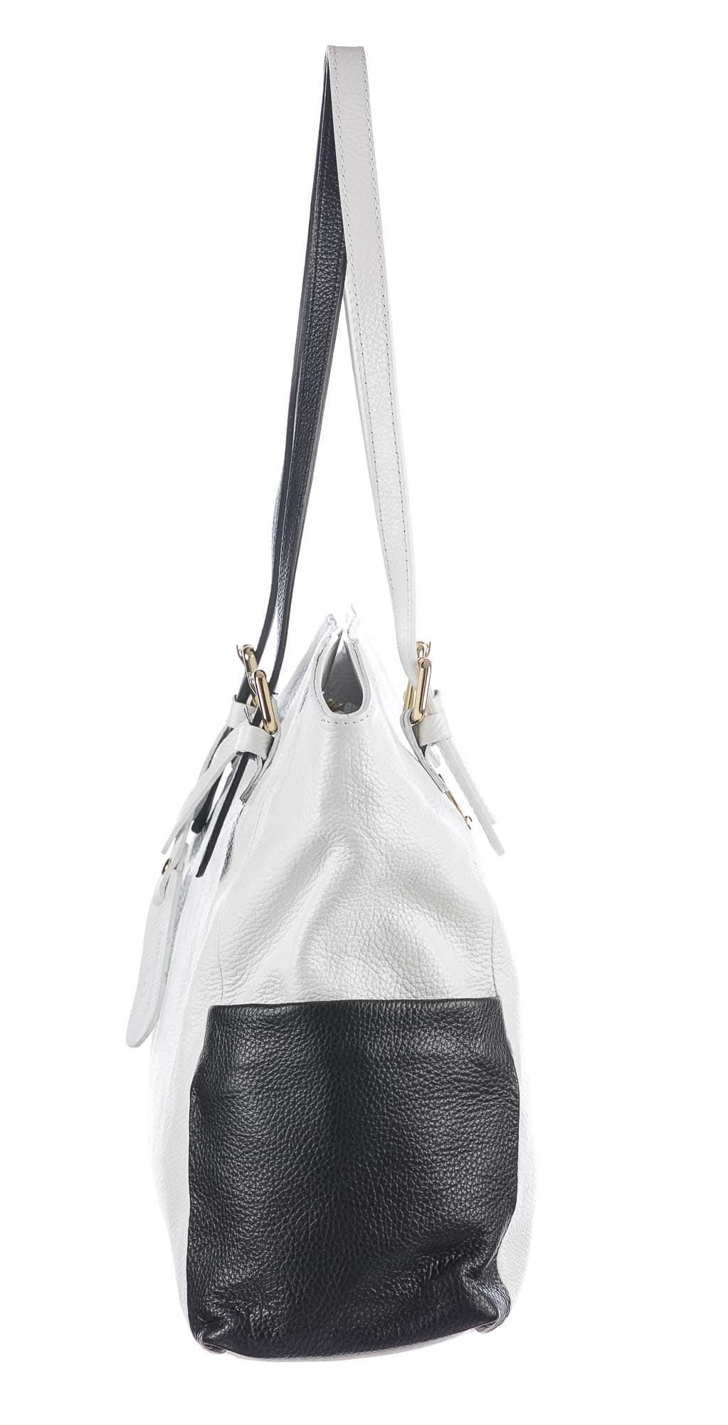 Borsa a spalla da donna in vera pelle CLERY, colore BIANCO/NERO, CHIARO SCURO, MADE IN ITALY