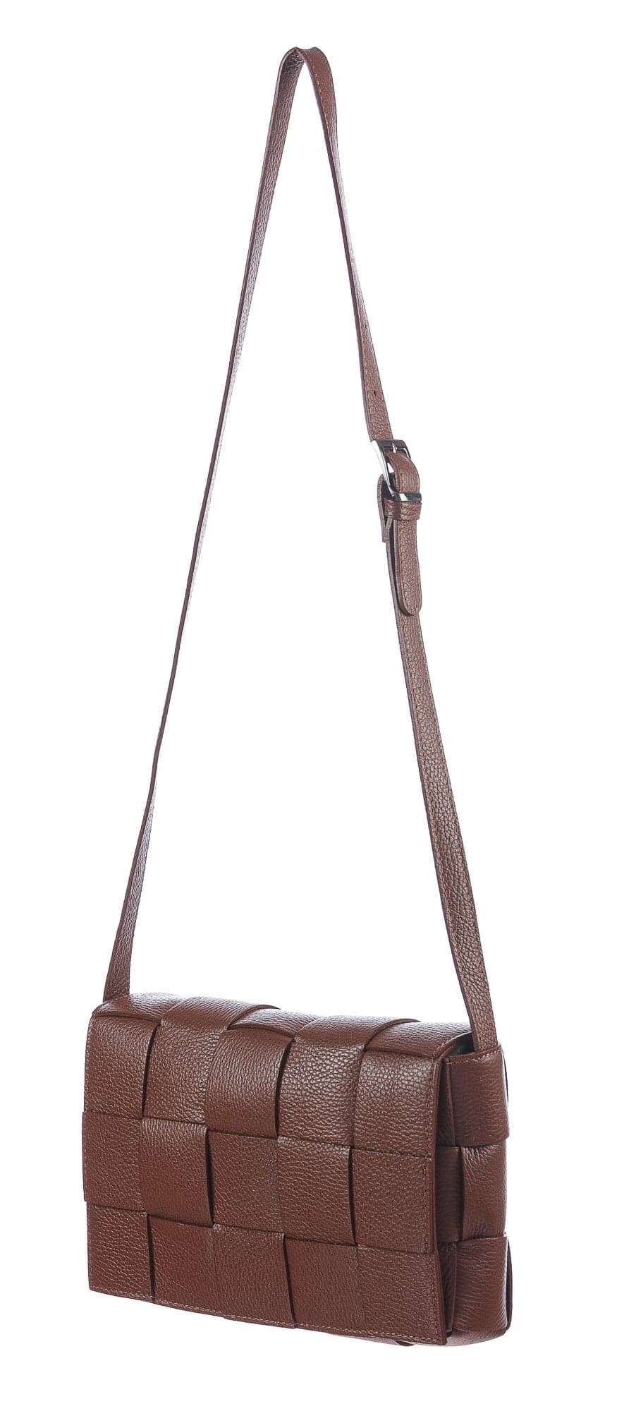 Borsa a spalla da donna in vera pelle intrecciata VIVIANA, colore MARRONE, CHIARO SCURO, MADE IN ITALY
