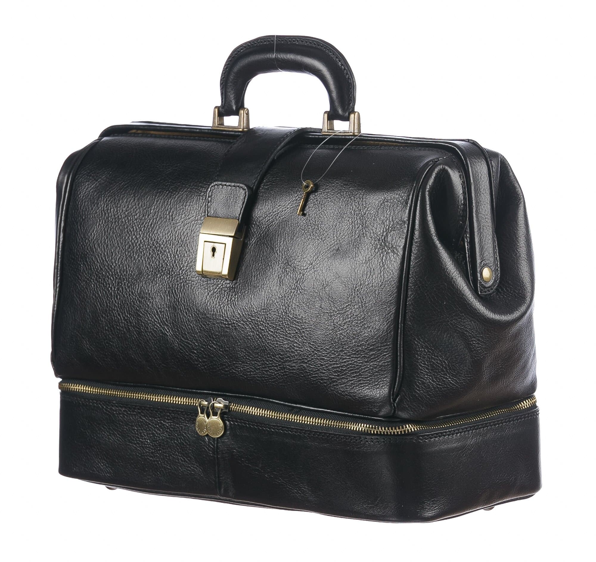 Borsa dottore/ventiquattrore in vera pelle LEONIO, unisex, colore NERO, rifiniture in bronzo, CHIAROSCURO, MADE IN ITALY