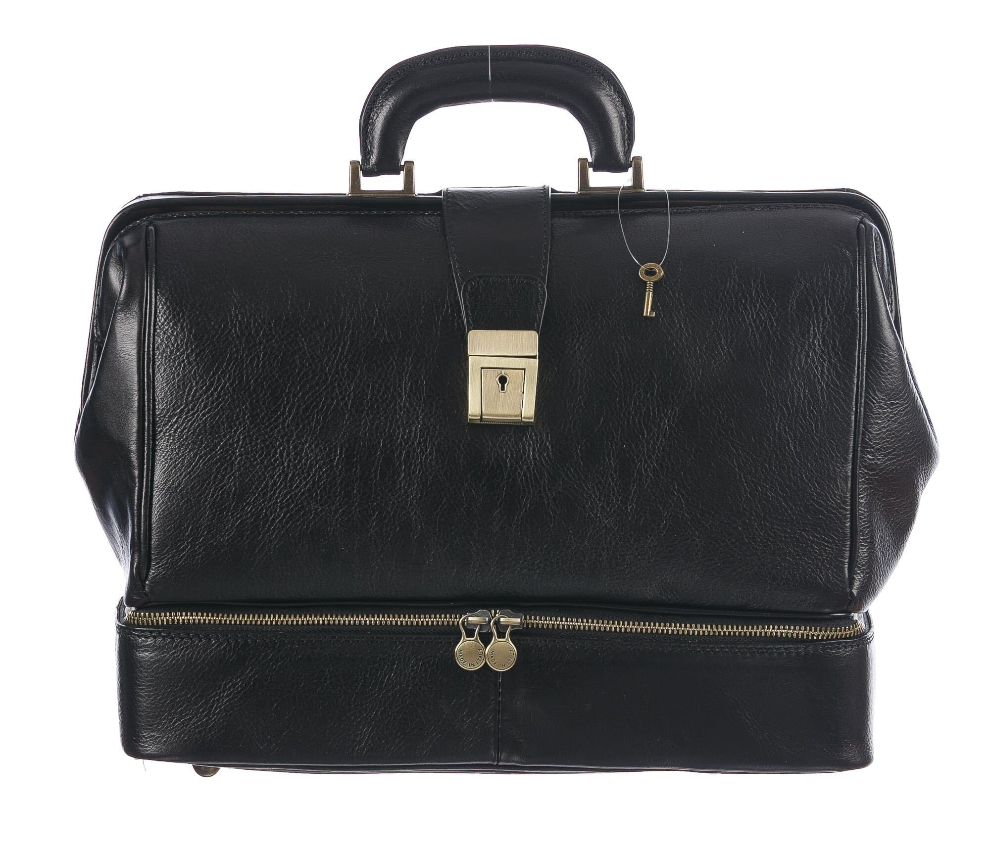 Borsa dottore/ventiquattrore in vera pelle LEONIO, unisex, colore NERO, rifiniture in bronzo, CHIAROSCURO, MADE IN ITALY