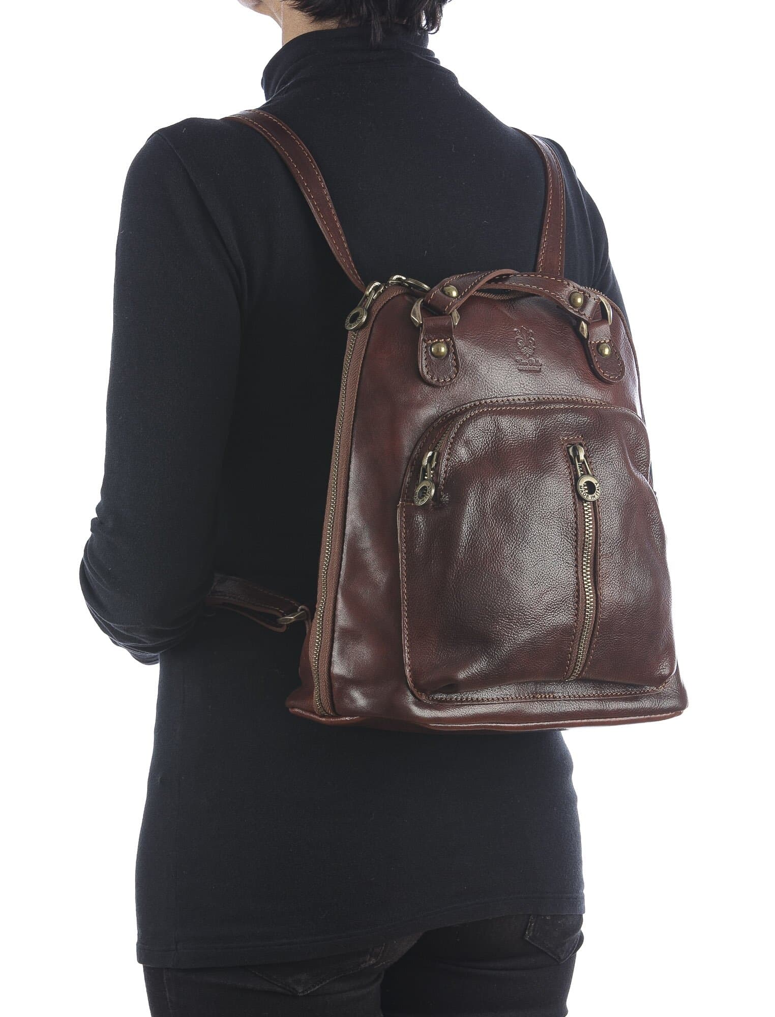 Borsa zaino donna in vera pelle MONTE CRISTALLO, colore MARRONE, CHIAROSCURO, Made in Italy