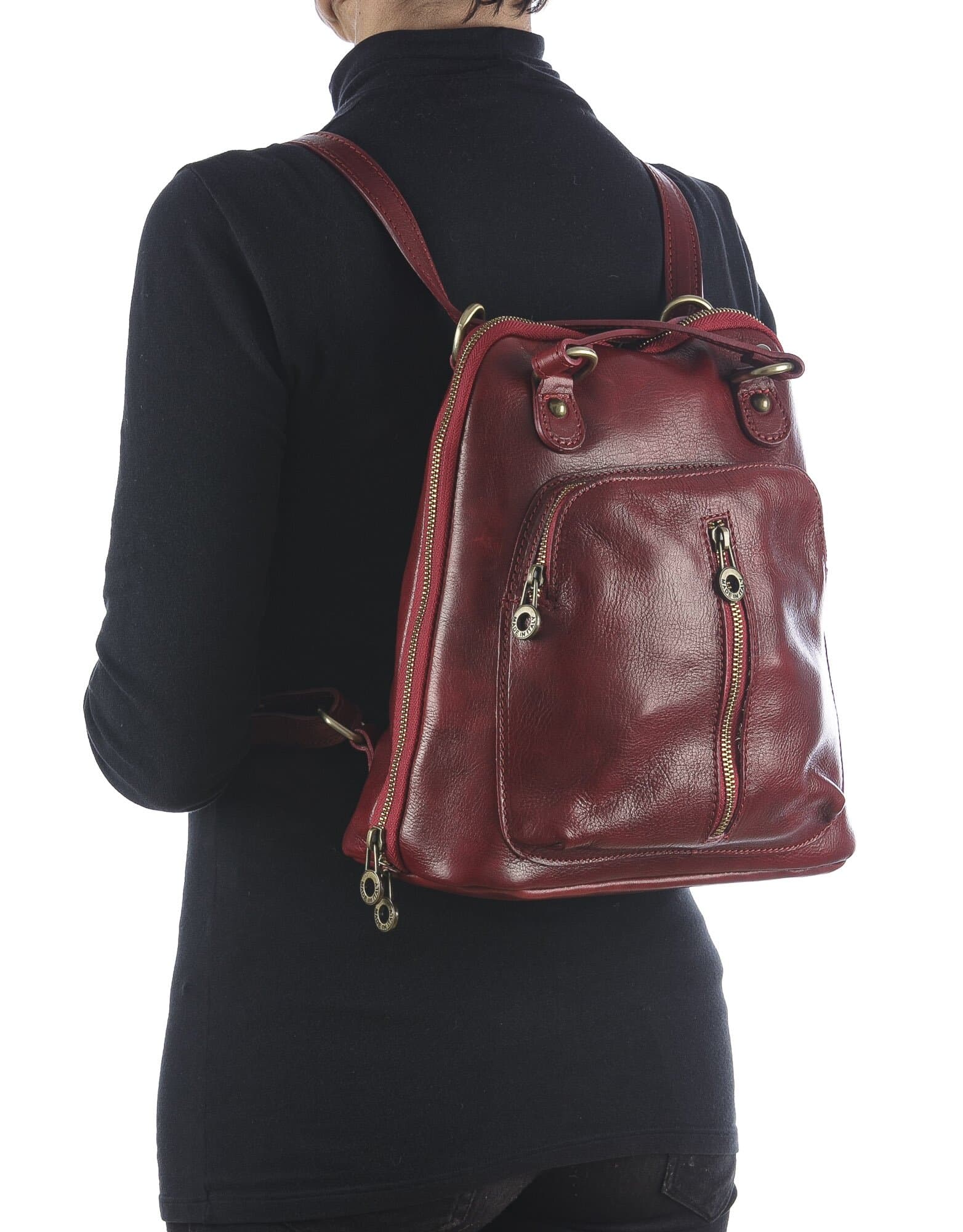 Borsa zaino donna in vera pelle MONTE CRISTALLO, colore ROSSO, CHIAROSCURO, MADE IN ITALY