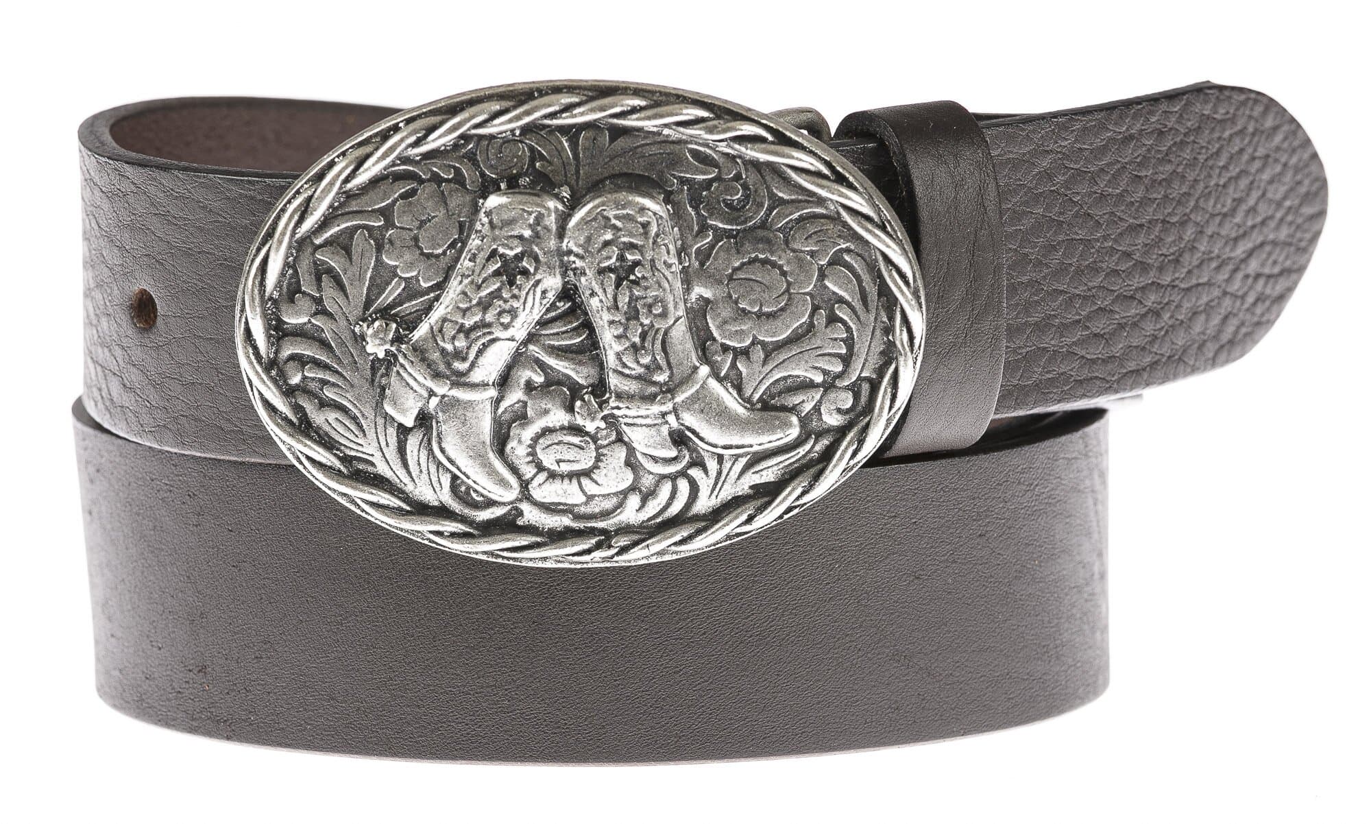 Cintura in vera pelle da uomo HOUSTON, colore TESTA MORO, fibbia in metallo con stivali da cowboy texani, CHIAROSCURO, MADE IN ITALY