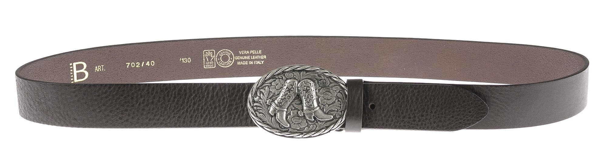 Cintura in vera pelle da uomo HOUSTON, colore TESTA MORO, fibbia in metallo con stivali da cowboy texani, CHIAROSCURO, MADE IN ITALY