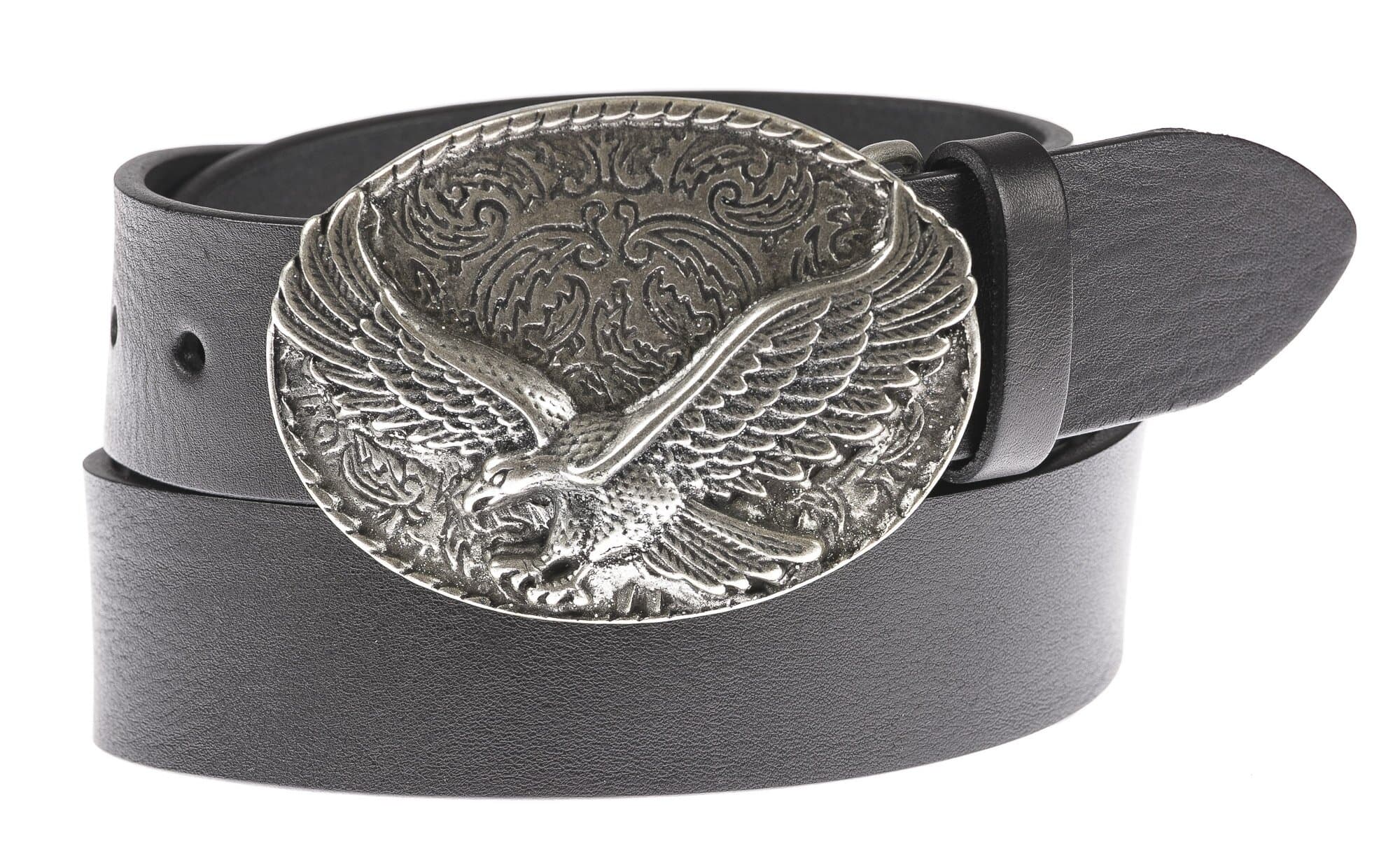 Cintura in vera pelle da uomo OKLAHOMA, colore NERO, fibbia in metallo con aquila, CHIAROSCURO, MADE IN ITALY