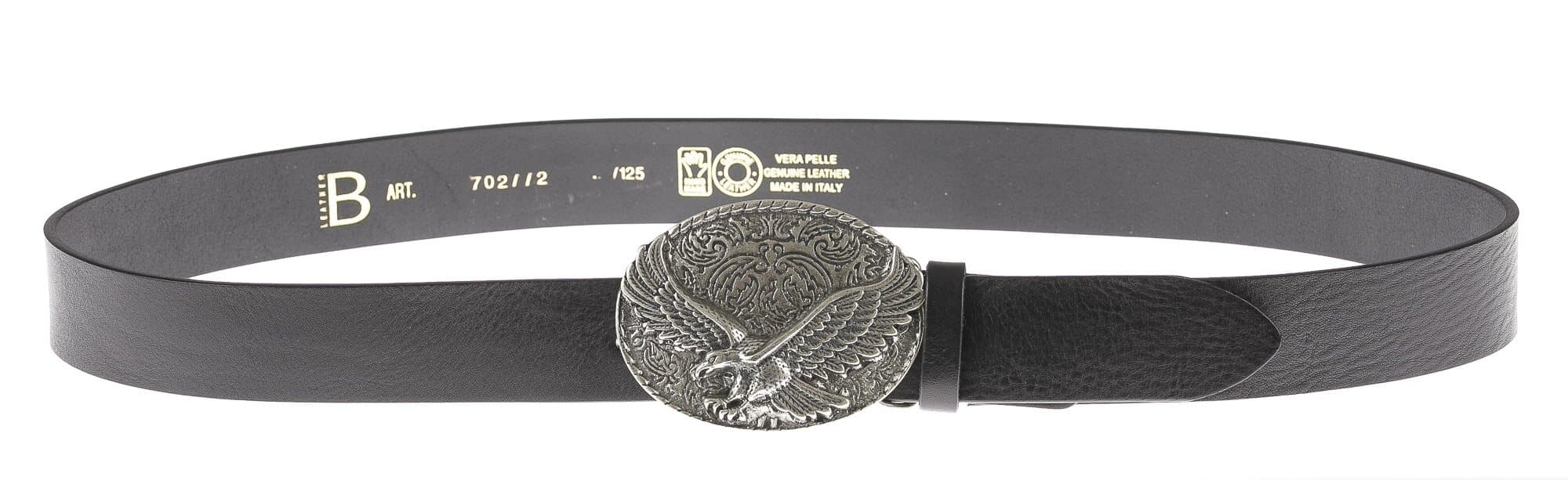 Cintura in vera pelle da uomo OKLAHOMA, colore NERO, fibbia in metallo con aquila, CHIAROSCURO, MADE IN ITALY