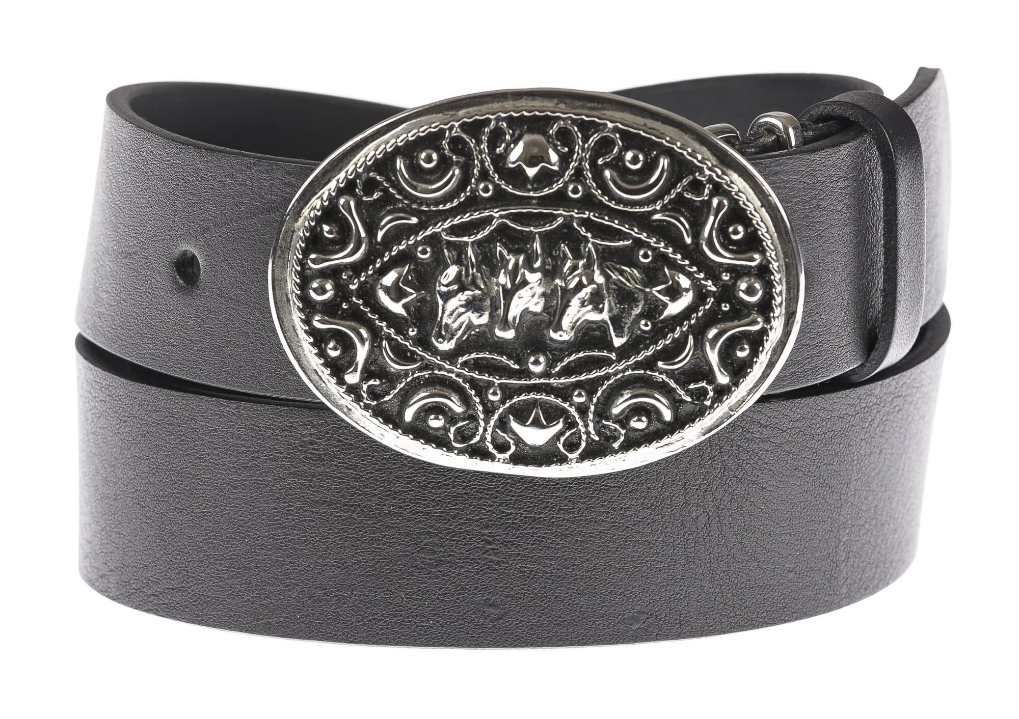 Cintura in vera pelle da uomo MISSOURI, colore NERO, fibbia in metallo con teste di cavalli, CHIAROSCURO, MADE IN ITALY