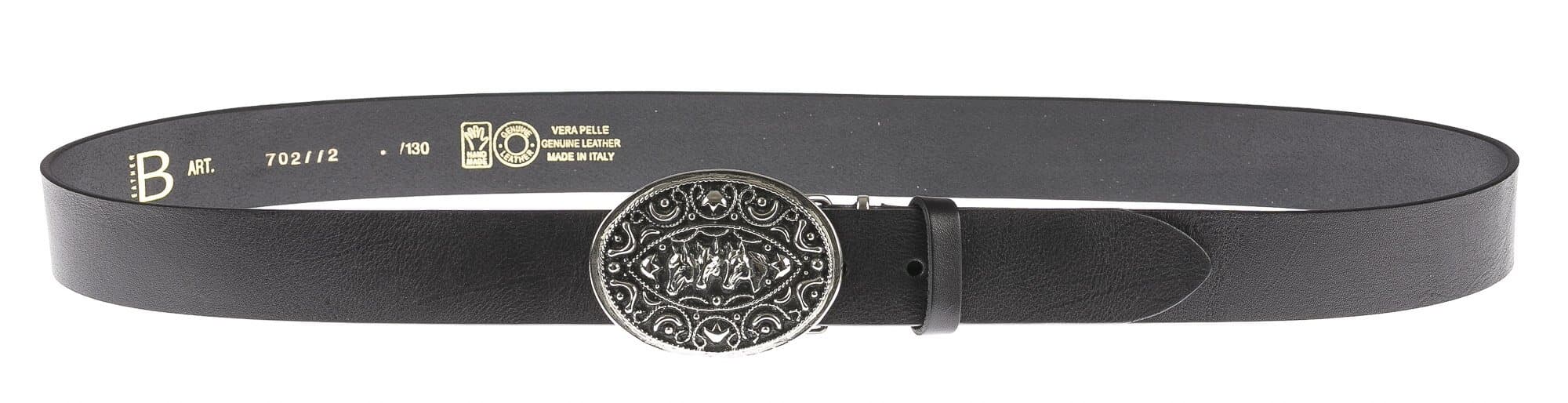 Cintura in vera pelle da uomo MISSOURI, colore NERO, fibbia in metallo con teste di cavalli, CHIAROSCURO, MADE IN ITALY