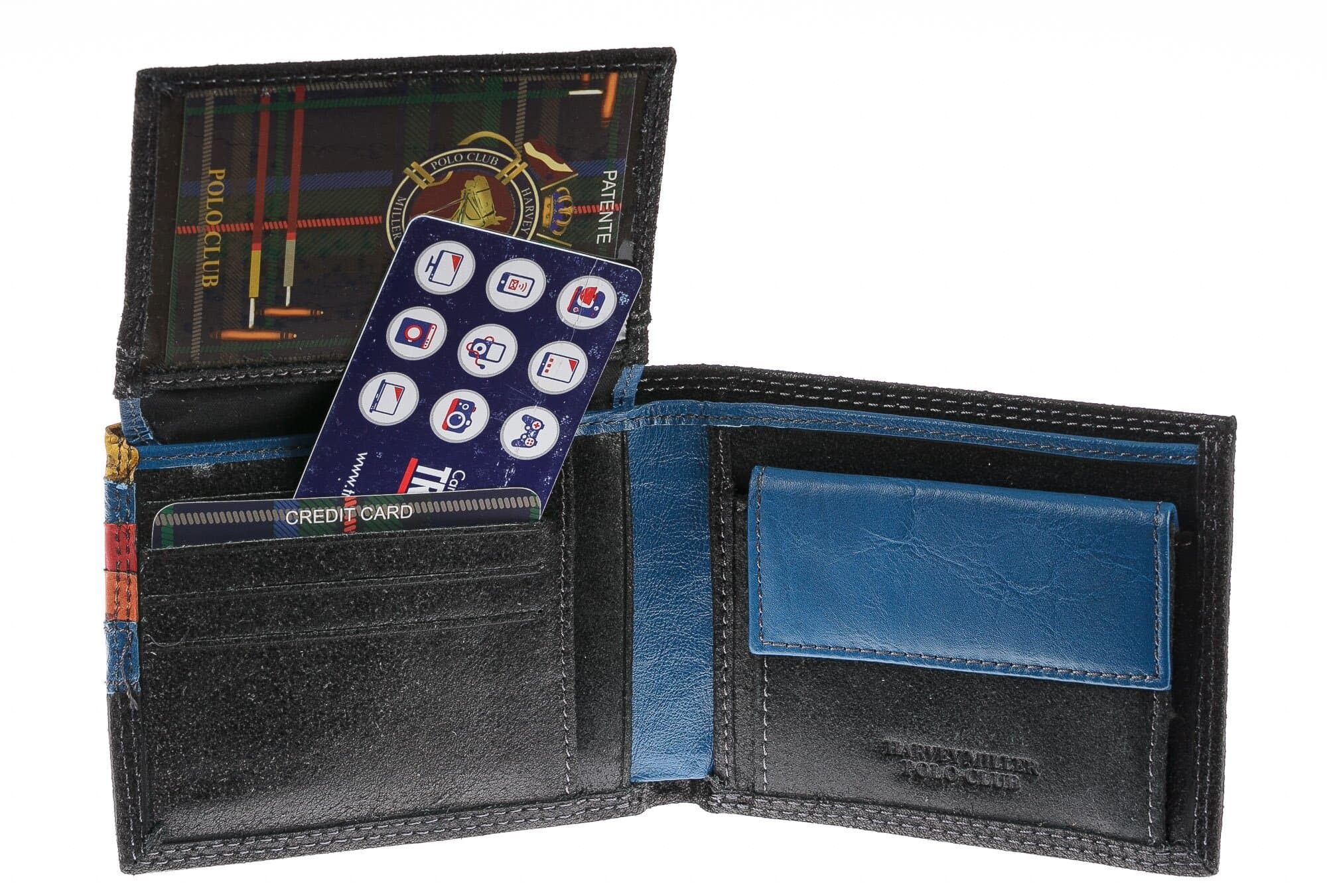 Portafoglio in vera pelle nabuk da uomo CAMBRIDGE, colore NERO, interno BLU, HARVEY MILLER - POLO CLUB, MADE IN ITALY 