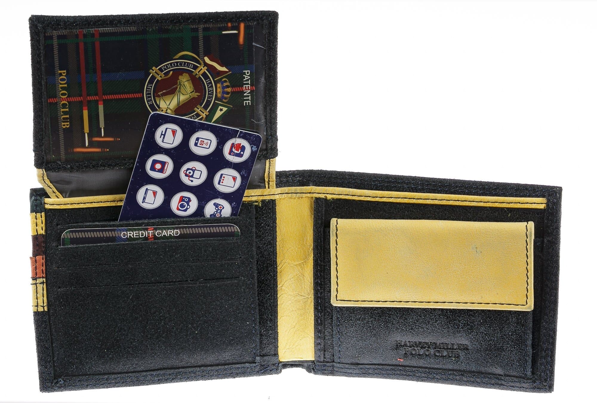 Portafoglio in vera pelle nabuk da uomo CAMBRIDGE, colore NERO, interno GIALLO, HARVEY MILLER - POLO CLUB, MADE IN ITALY