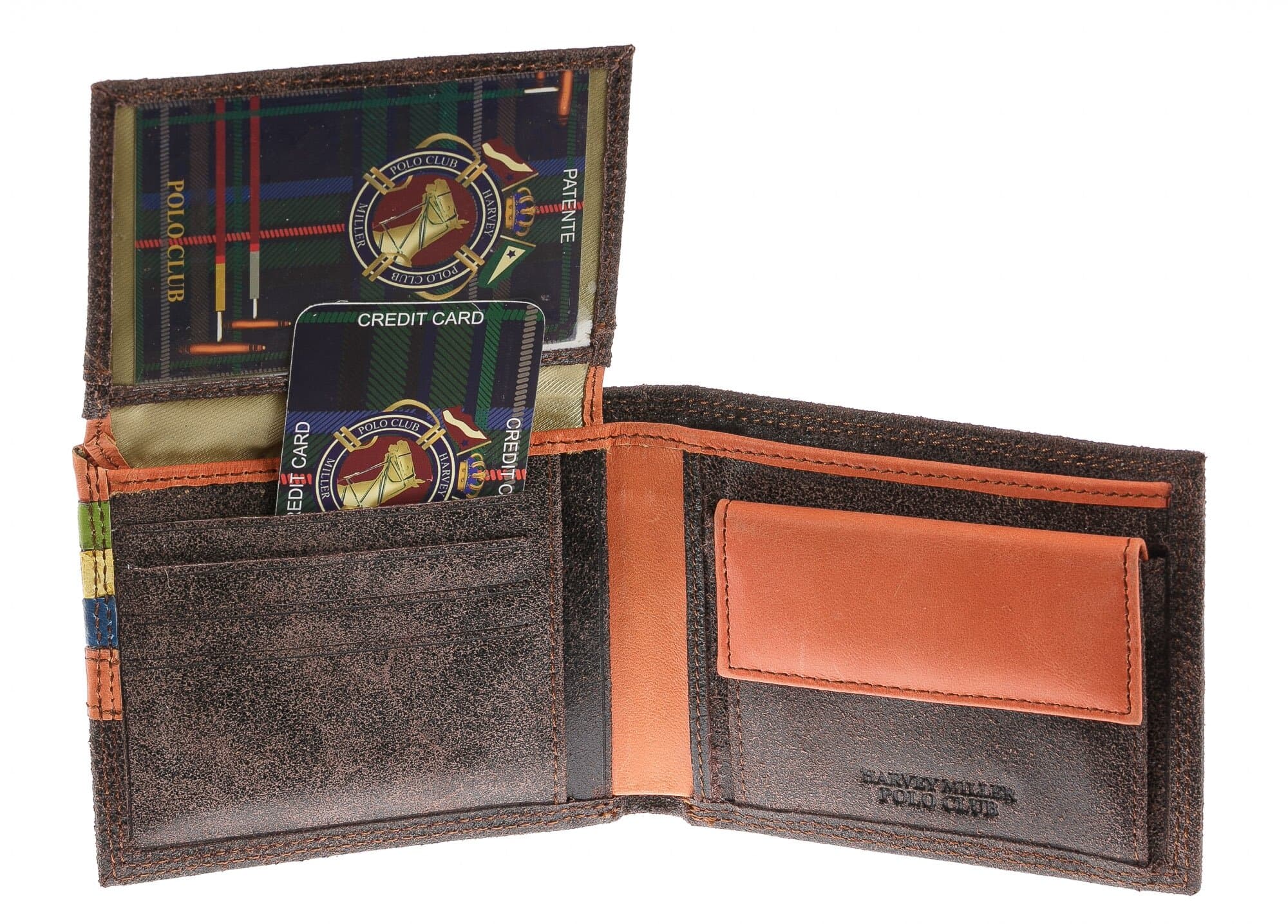 Portafoglio in vera pelle nabuk da uomo CAMBRIDGE, colore TESTA MORO, interno ARANCIONE, HARVEY MILLER - POLO CLUB, MADE IN ITALY