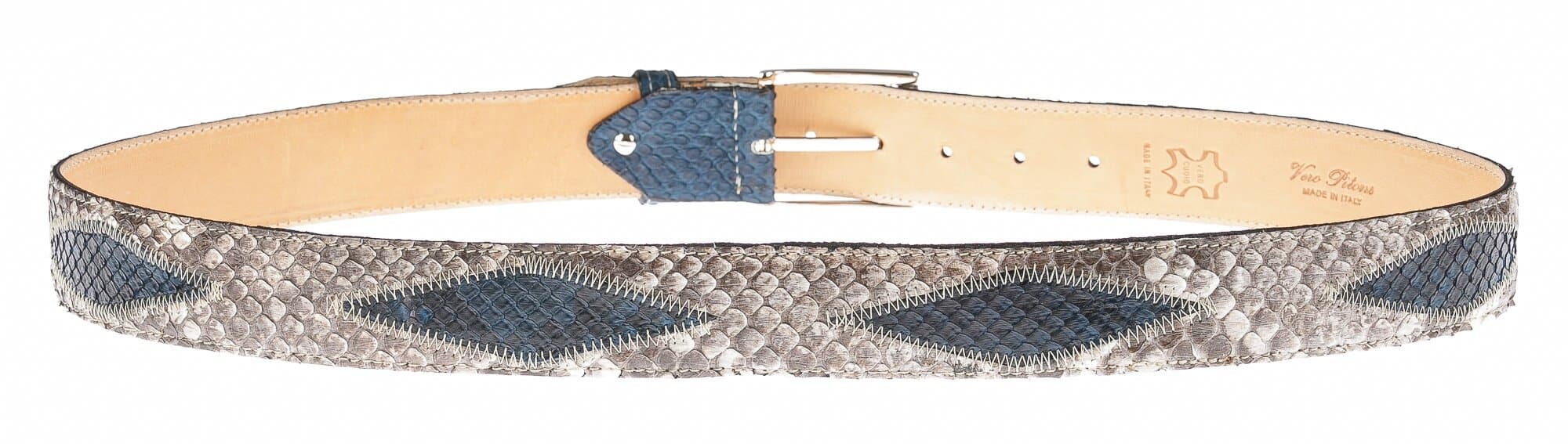 BRUXELLES: cintura uomo in pitone, bicolore e rombi, certificato CITES, colore: BEIGE/AZZURRO, Made in Italy