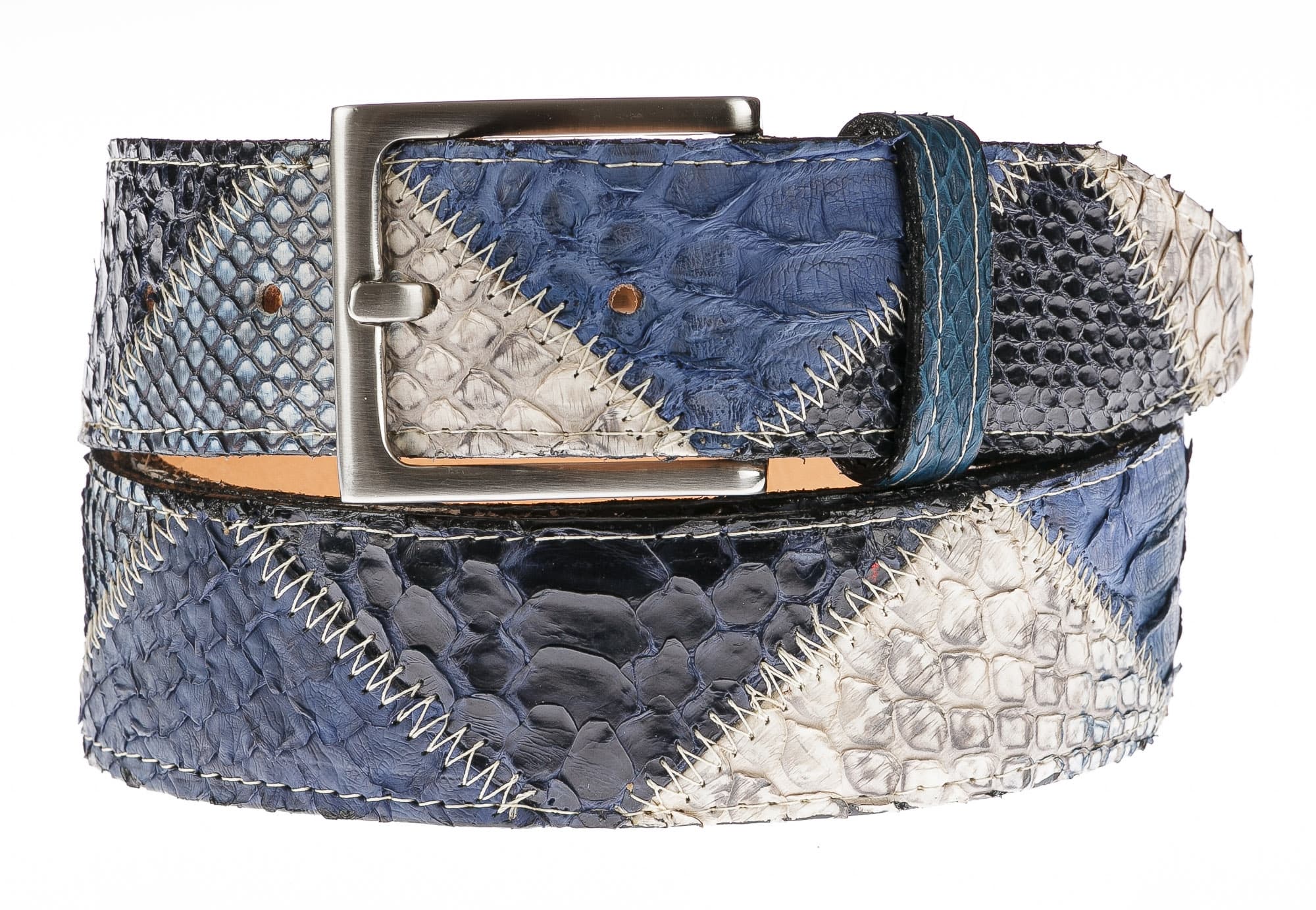 Cintura uomo TRIPOLI C38,vera pelle pitone, BLU/AZZURRO/ROCCIA, CITES CHIAROSCURO, Made in Italy