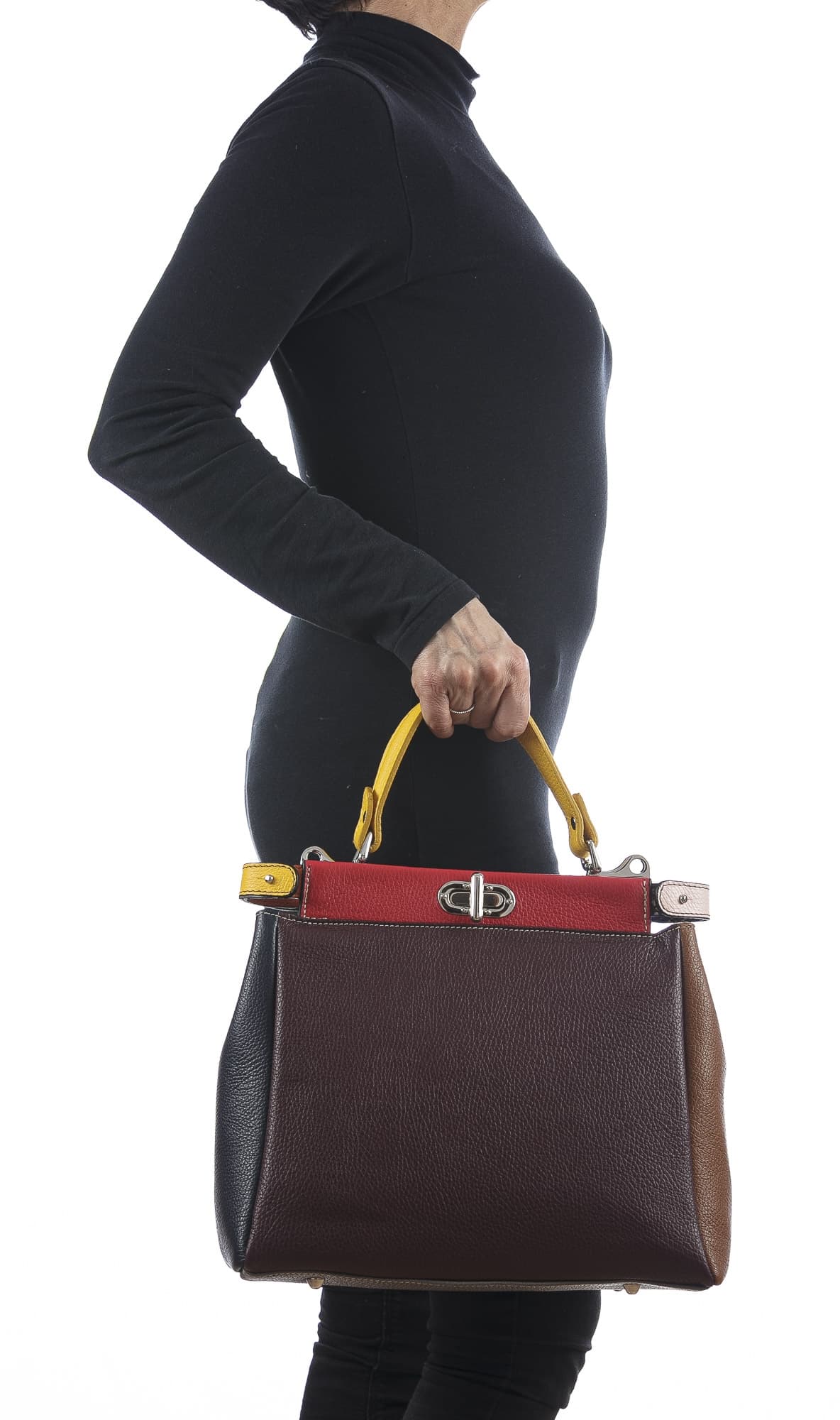 Borsa a mano da donna in vera pelle ATENA, colore GRIGIO/TESTA MORO, CHIARO SCURO, MADE IN ITALY