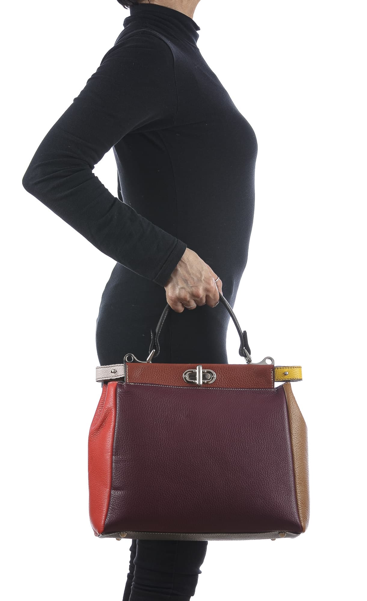 Borsa a mano da donna in vera pelle ATENA, colore BLU/BORDEAUX, CHIARO SCURO, MADE IN ITALY