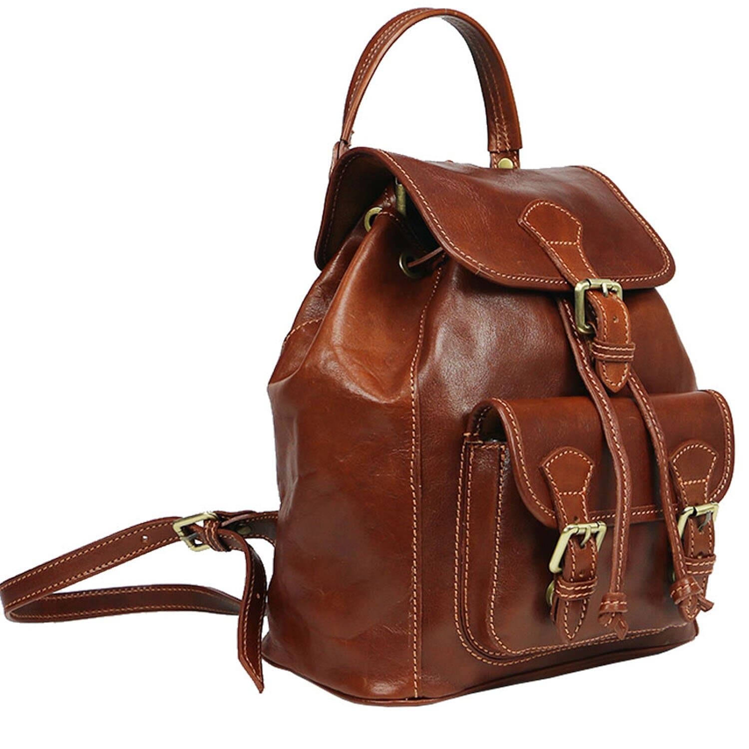 Borsa zaino donna MONTE DOSSO ALTO, in vera pelle tamponata, colore MARRONE, CHIAROSCURO, Made in Italy.