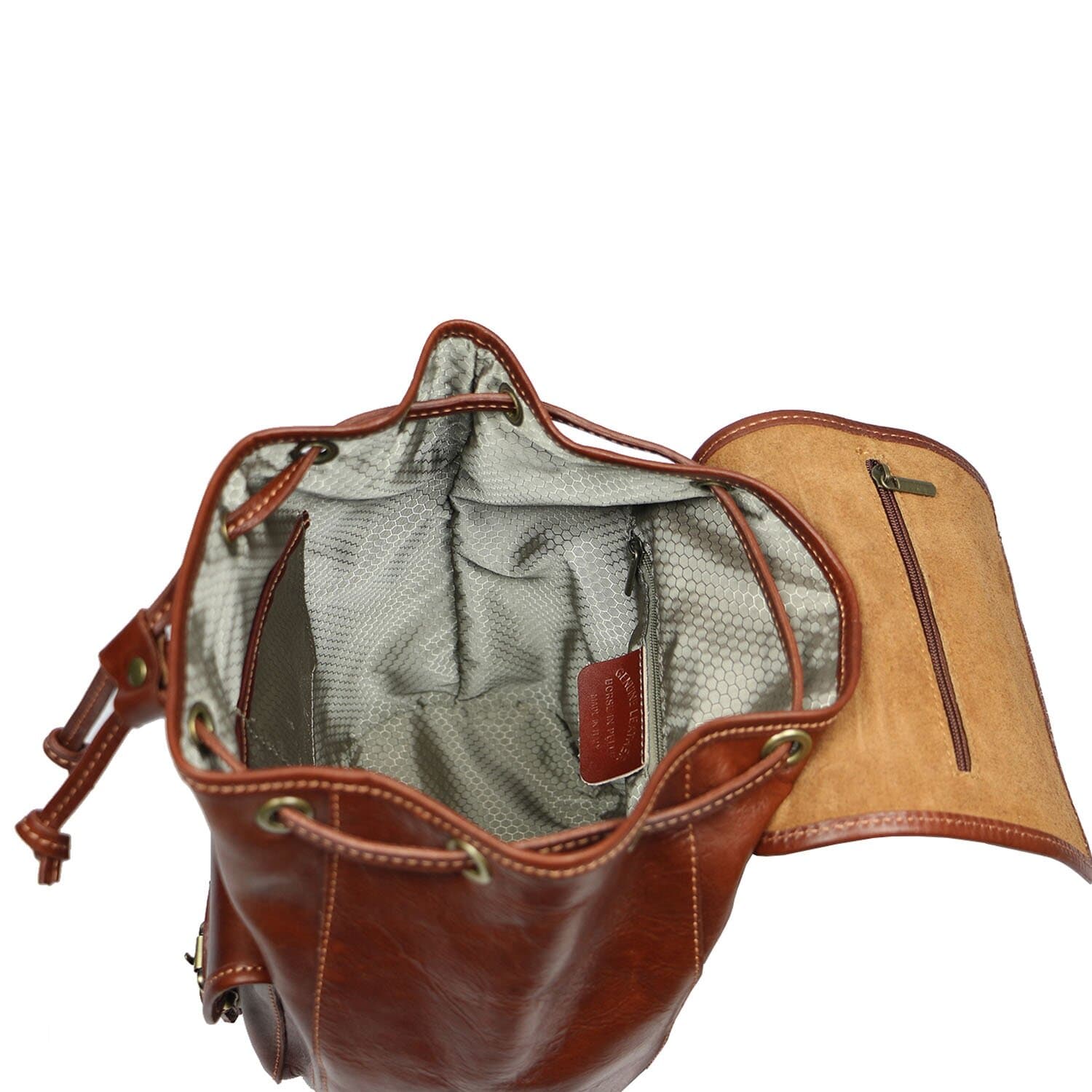 Borsa zaino donna MONTE DOSSO ALTO, in vera pelle tamponata, colore MARRONE, CHIAROSCURO, Made in Italy.