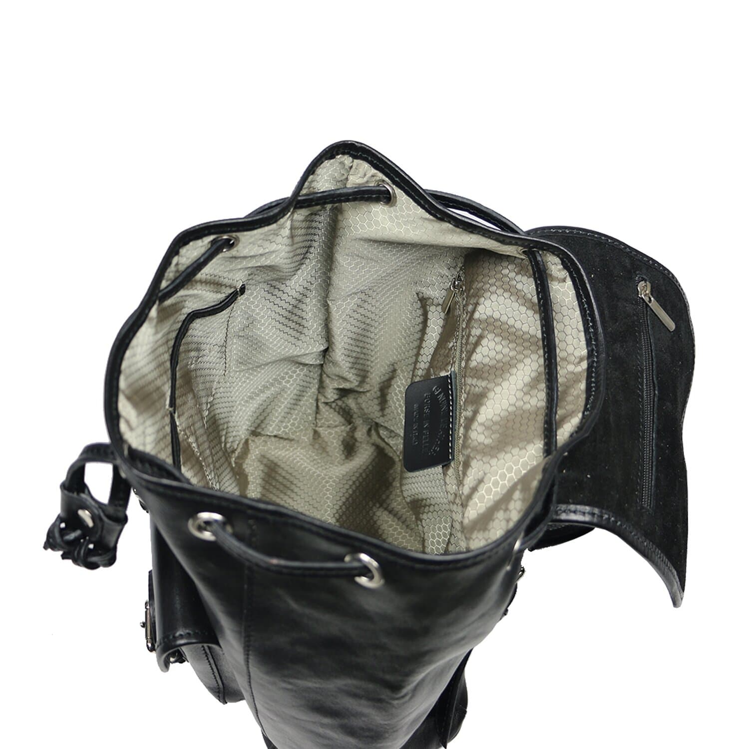 Borsa zaino donna MONTE DOSSO ALTO, in vera pelle tamponata, colore NERO, CHIAROSCURO, Made in Italy.