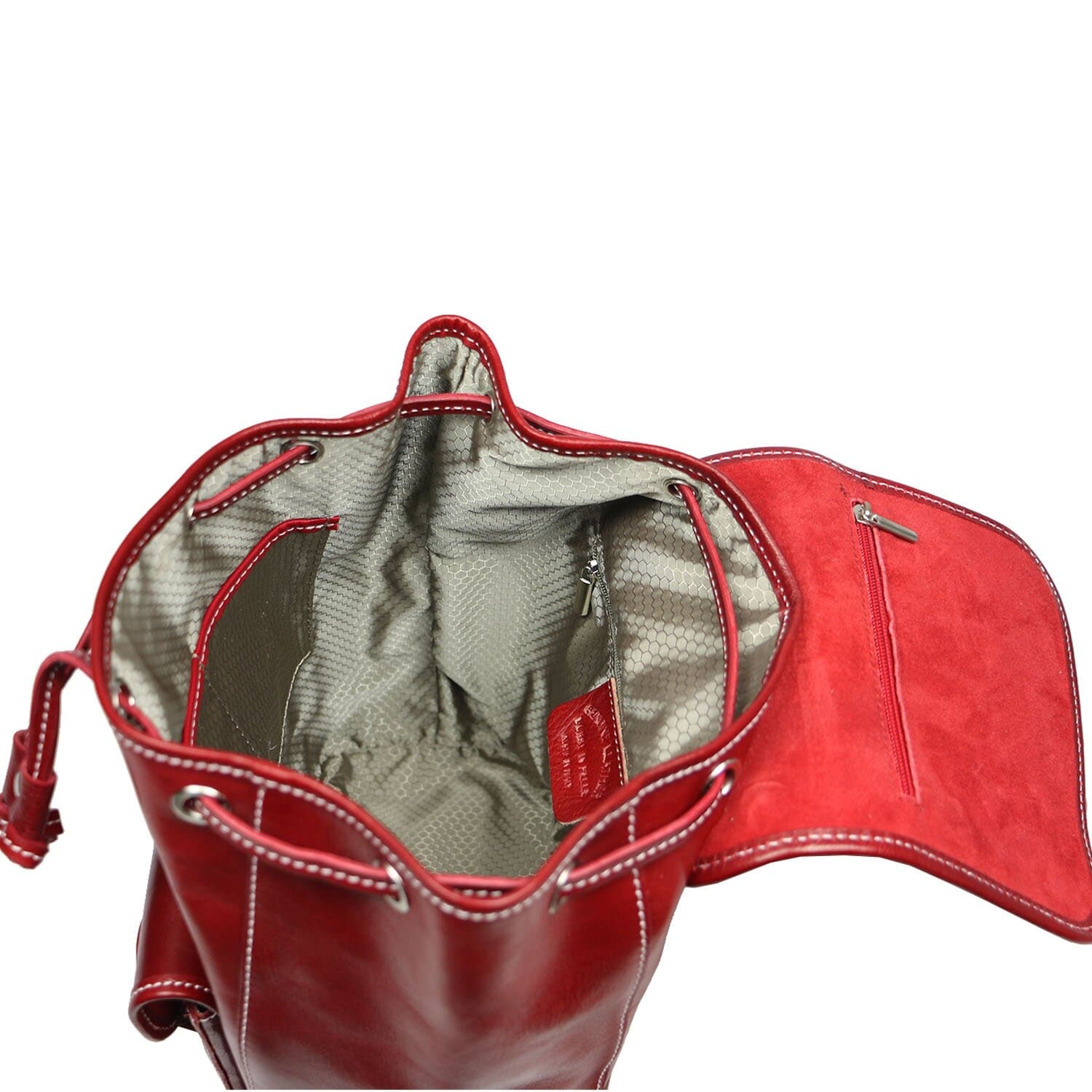 Borsa zaino donna MONTE DOSSO ALTO, in vera pelle tamponata, colore ROSSO, CHIAROSCURO, Made in Italy.