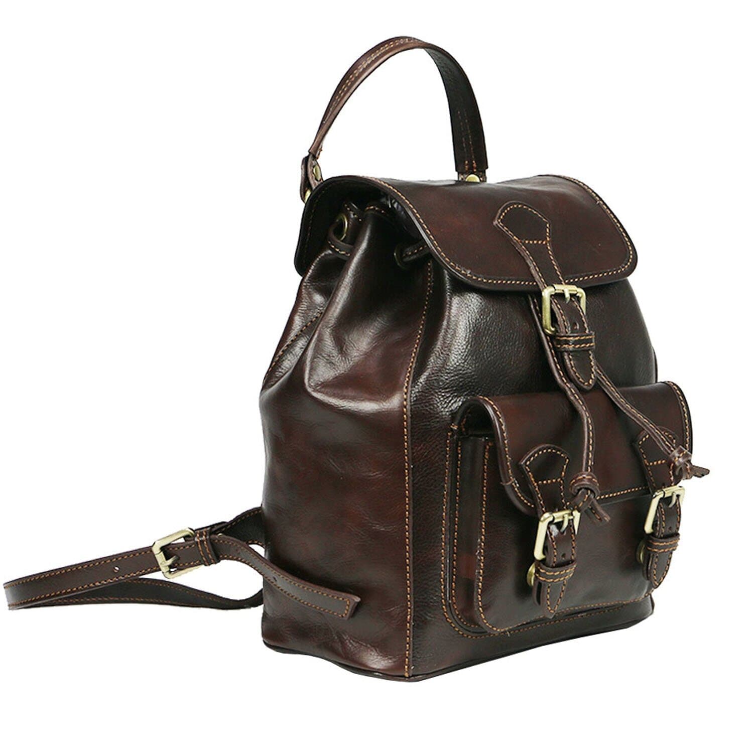 Borsa zaino donna MONTE DOSSO ALTO, in vera pelle tamponata, colore TESTA DI MORO, CHIAROSCURO, Made in Italy.