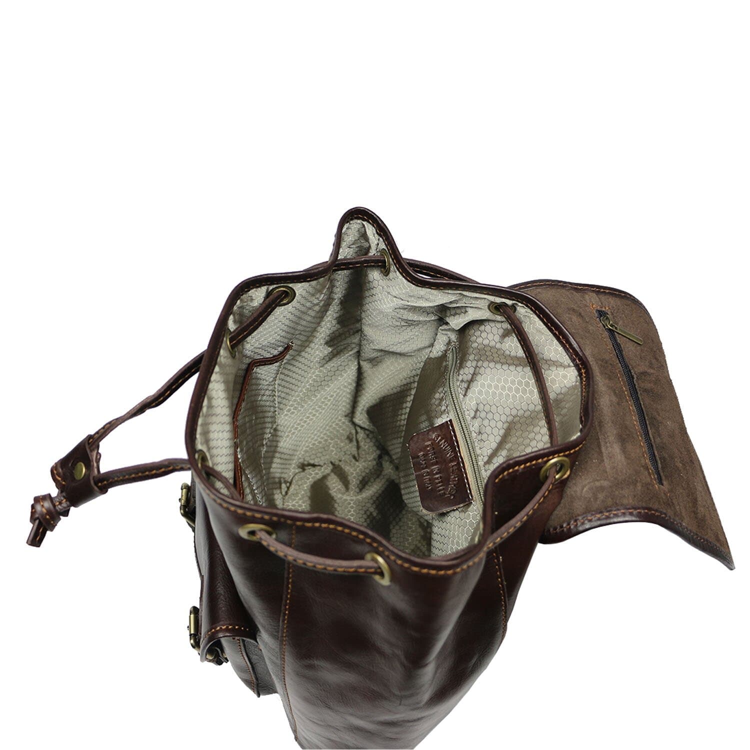 Borsa zaino donna MONTE DOSSO ALTO, in vera pelle tamponata, colore TESTA DI MORO, CHIAROSCURO, Made in Italy.