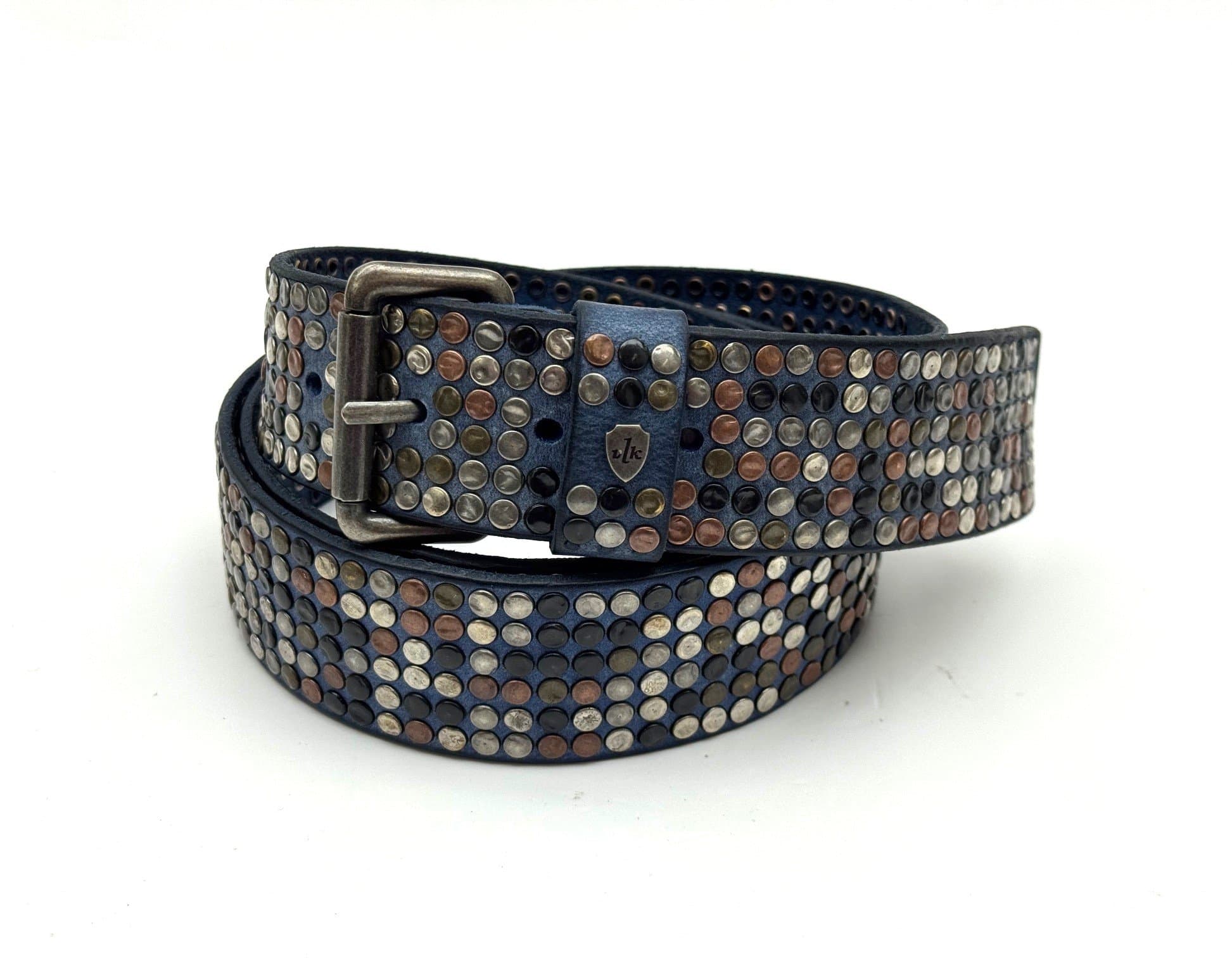 Buffered genuine leather belt mod. CALCUTTA 6 ROWS with random studs, color BLUE, Made in Italy