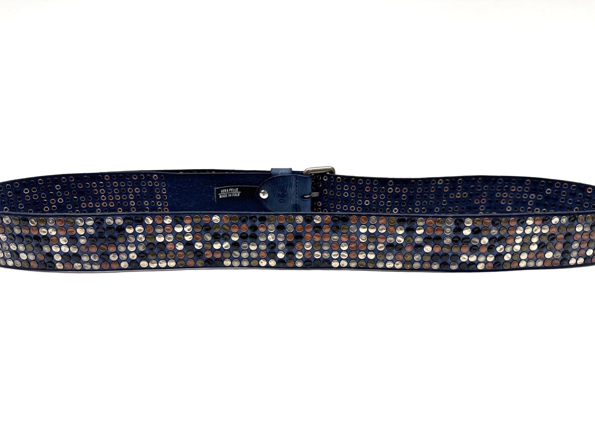 Cintura in vera pelle CHIAROSCURO - VLK mod. CALCUTTA XXL colore BLU con borchie random Made in Italy