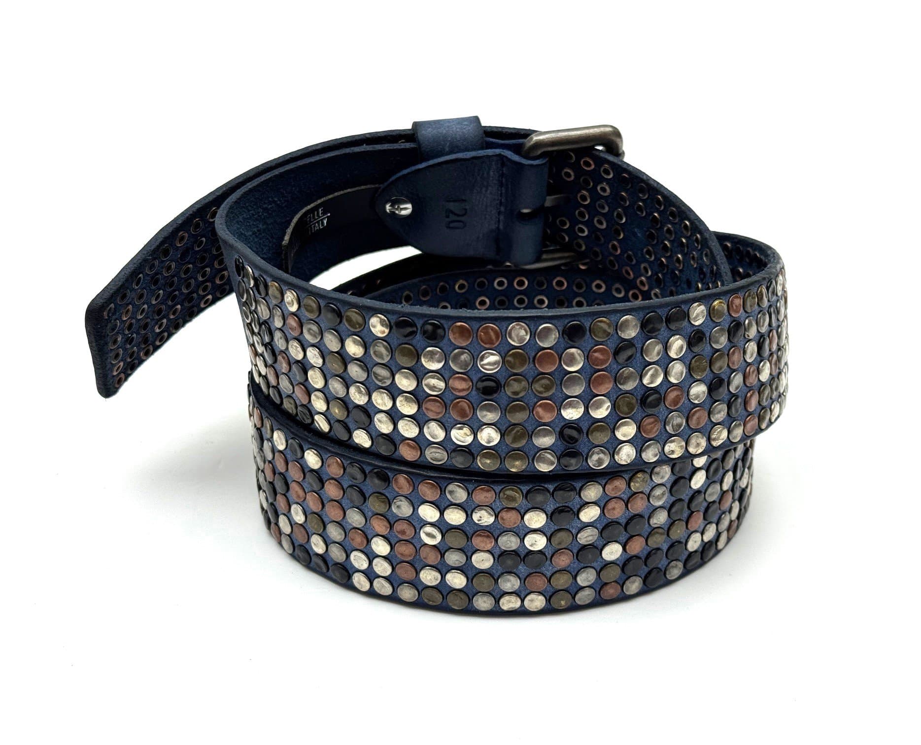 Cintura in vera pelle CHIAROSCURO - VLK mod. CALCUTTA XXL colore BLU con borchie random Made in Italy