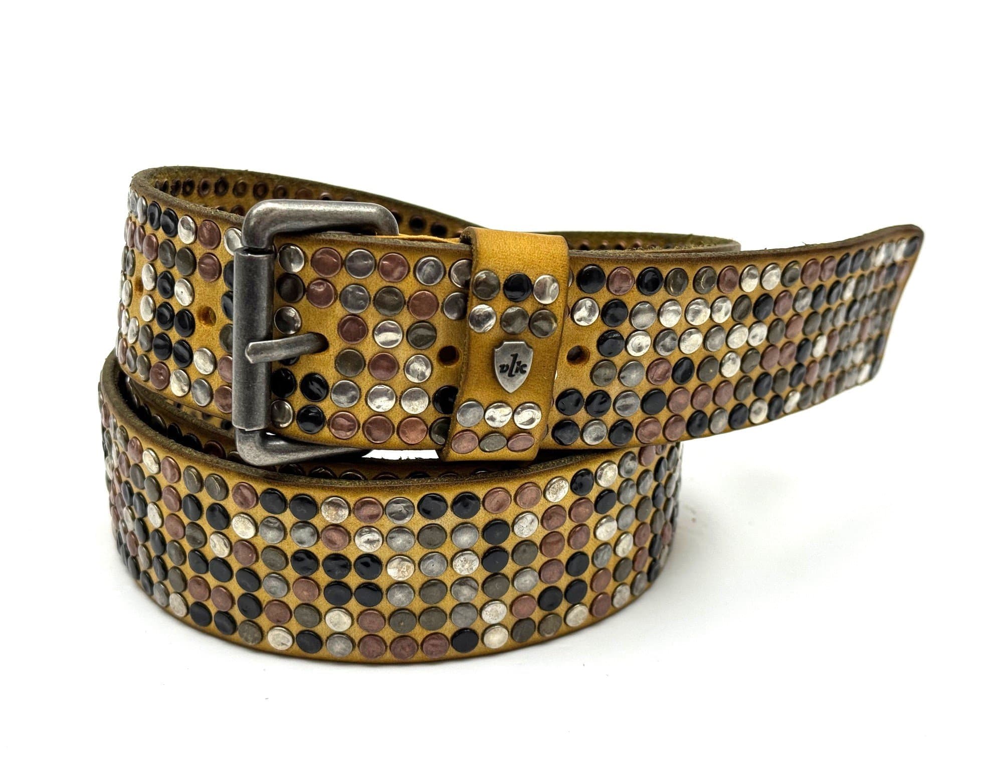 Buffered genuine leather belt mod. CALCUTTA 6 ROWS with random studs, color YELLOW, Made in Italy