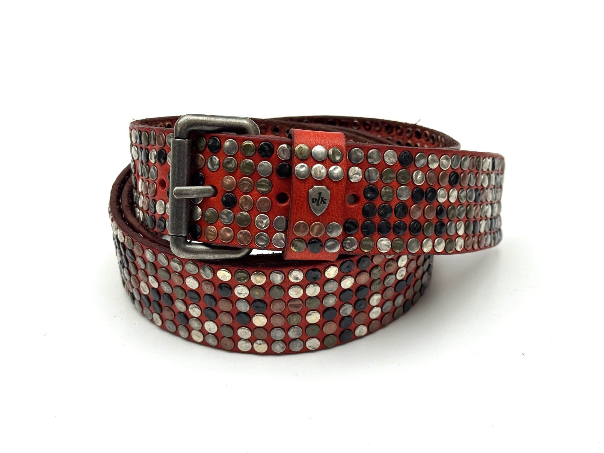 Buffered genuine leather belt mod. CALCUTTA 6 ROWS with random studs, color RED, Made in Italy