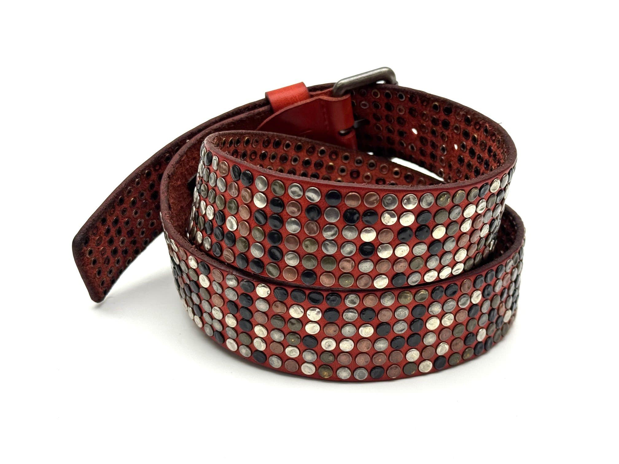 Cintura in vera pelle CHIAROSCURO - VLK mod. CALCUTTA XXL colore ROSSO con borchie random Made in Italy