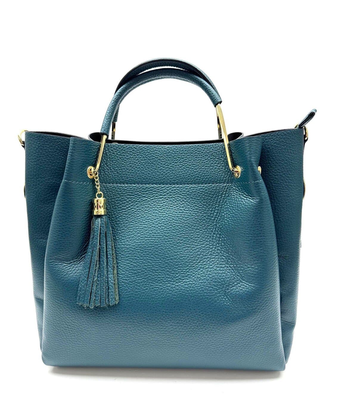 Borsa donna KAROLINA a spalla in vera pelle rigida, colore VERDE PETROLIO, CHIAROSCURO, Made in Italy