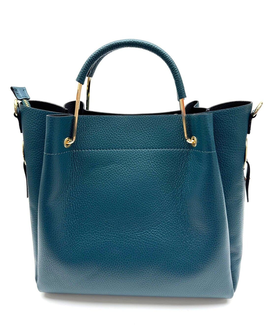 Borsa donna KAROLINA a spalla in vera pelle rigida, colore VERDE PETROLIO, CHIAROSCURO, Made in Italy