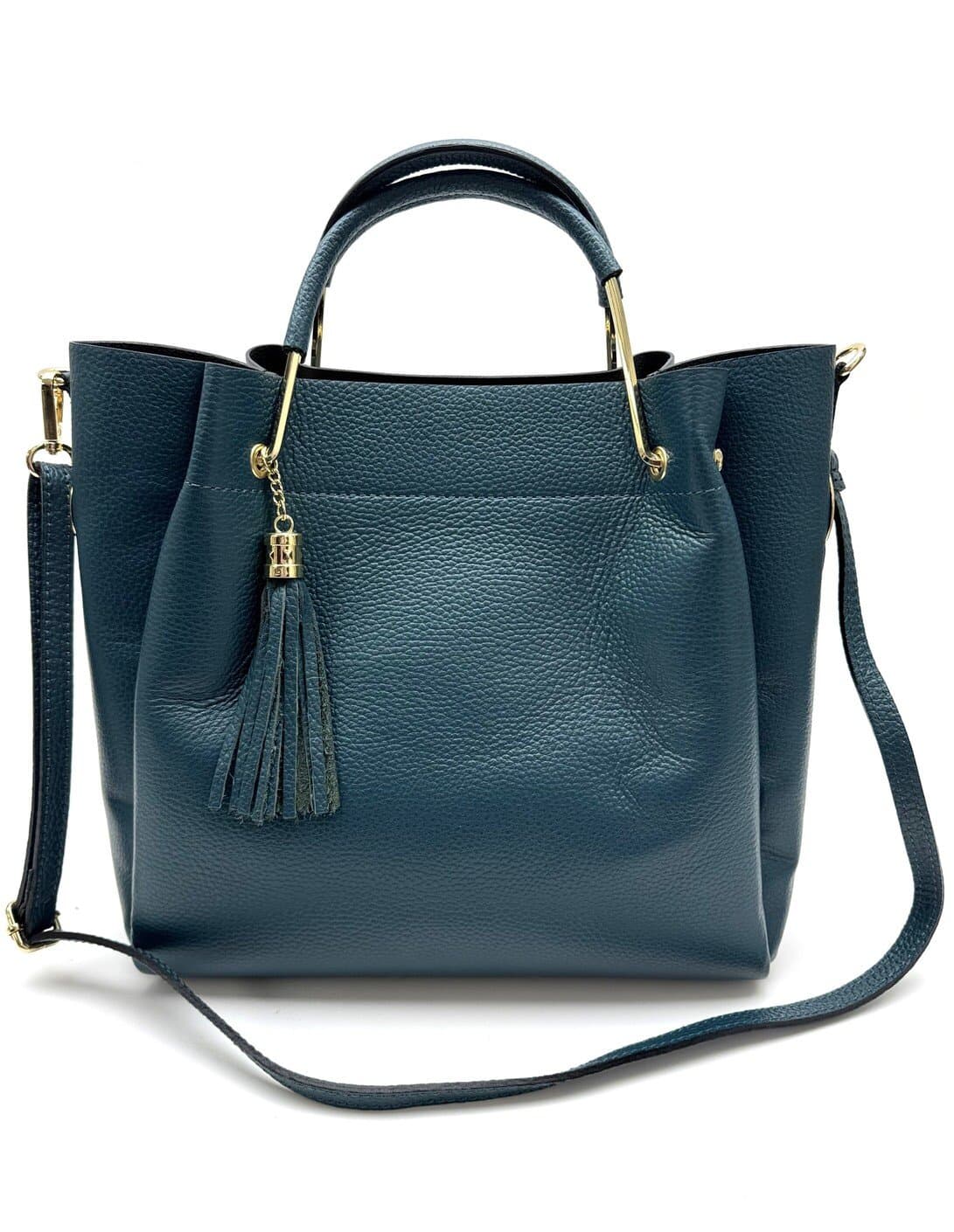 Borsa donna KAROLINA a spalla in vera pelle rigida, colore VERDE PETROLIO, CHIAROSCURO, Made in Italy