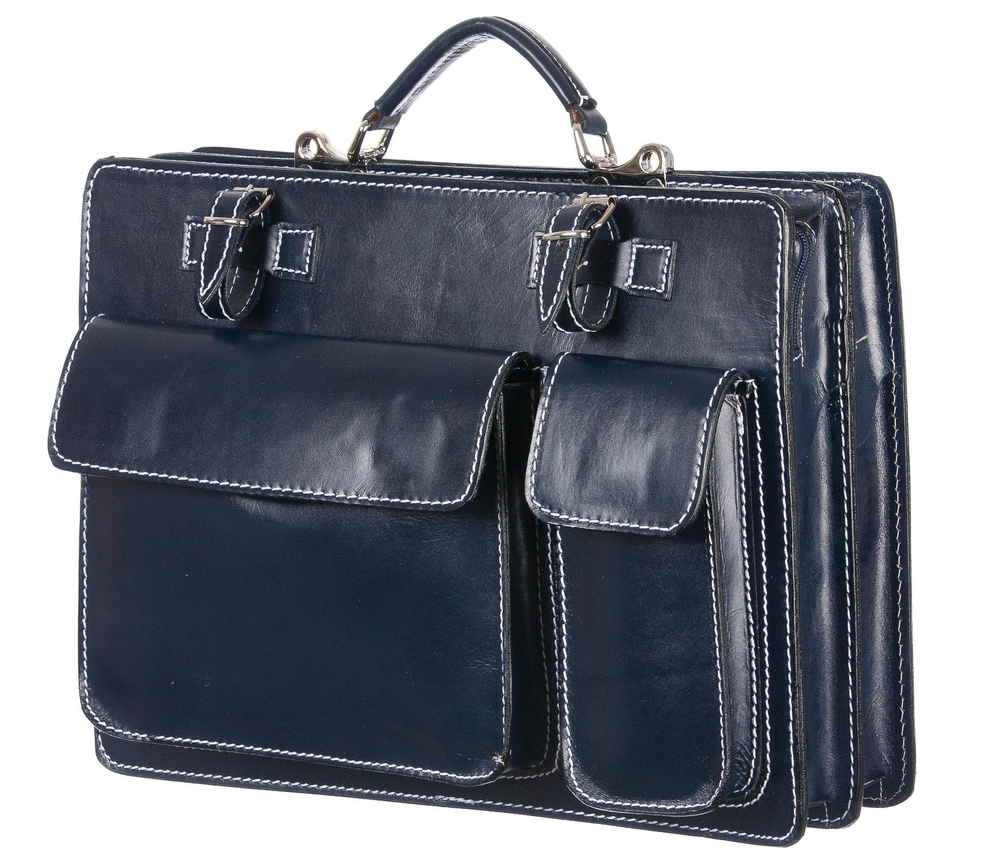 Borsa in vera pelle, mod. ALEX maxi, colore BLU SCURO, con tracolla, CHIAROSCURO, Made in Italy adatta a computer Pc portatile 13/14 pollici, brochure grandi, cartelle e fogli formato A4