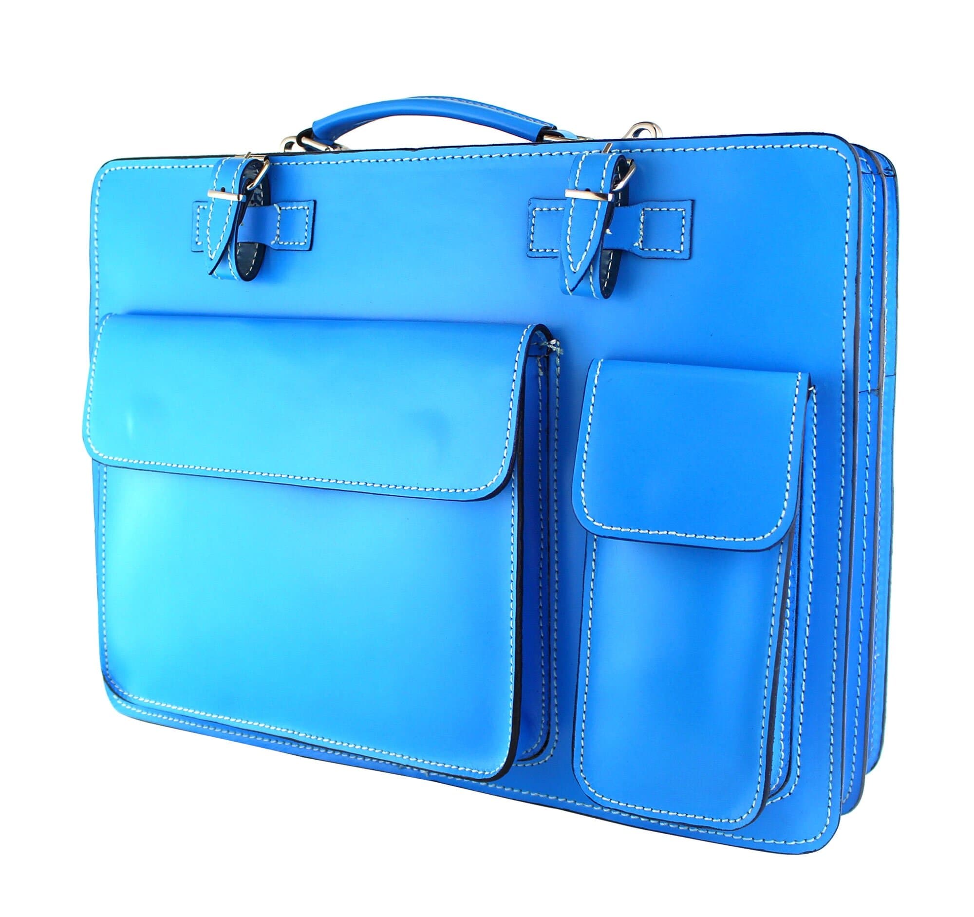 Cartella scuola/ufficio in vera pelle CHIAROSCURO mod. ALEX XXL, colore AZZURRO, Made in Italy