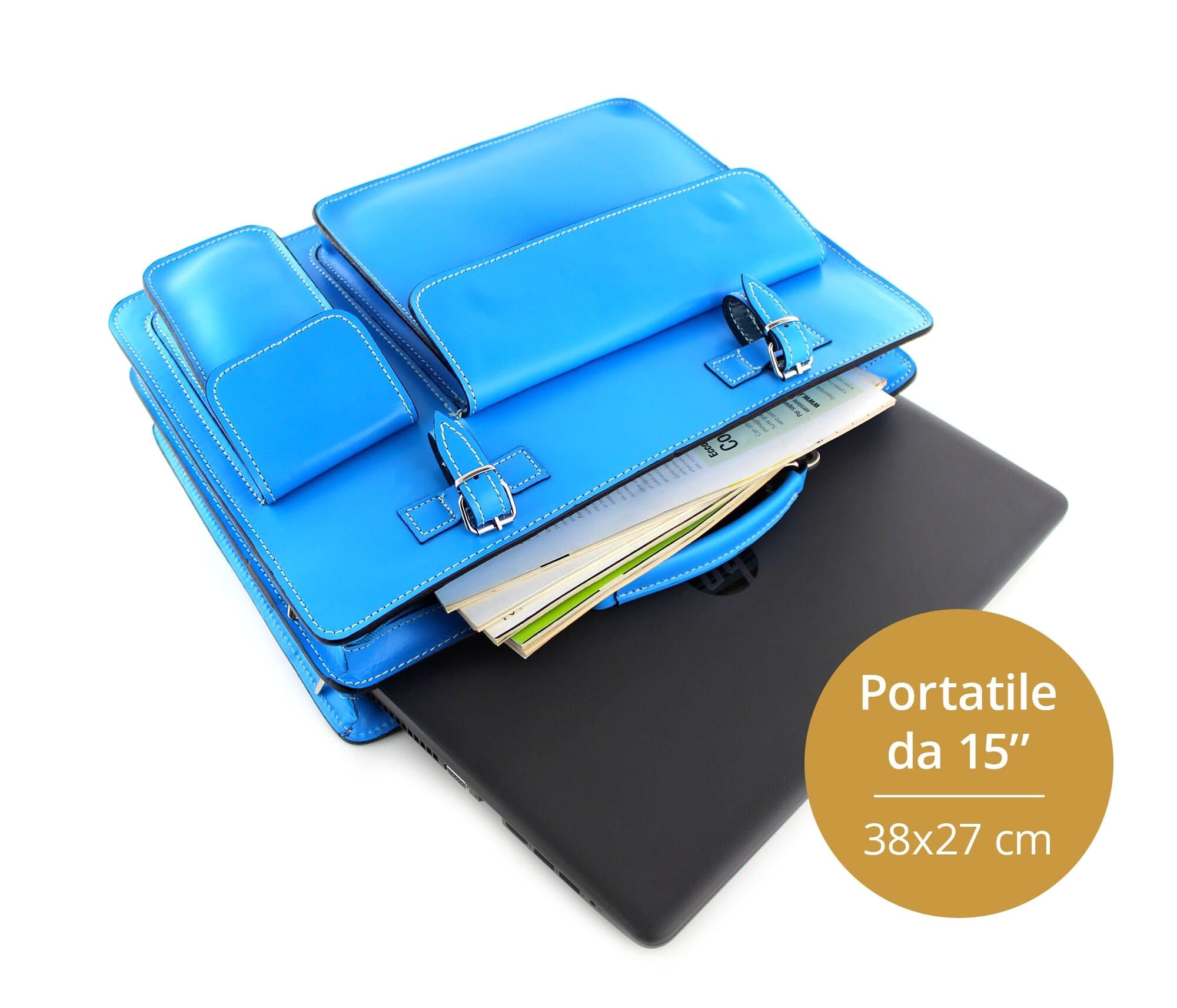 Cartella scuola ufficio in vera pelle CHIAROSCURO mod. ALEX XXL, colore AZZURRO, con tracolla, Made in Italy adatto a computer Pc portatile 15 pollici, brochure grandi, cartelle