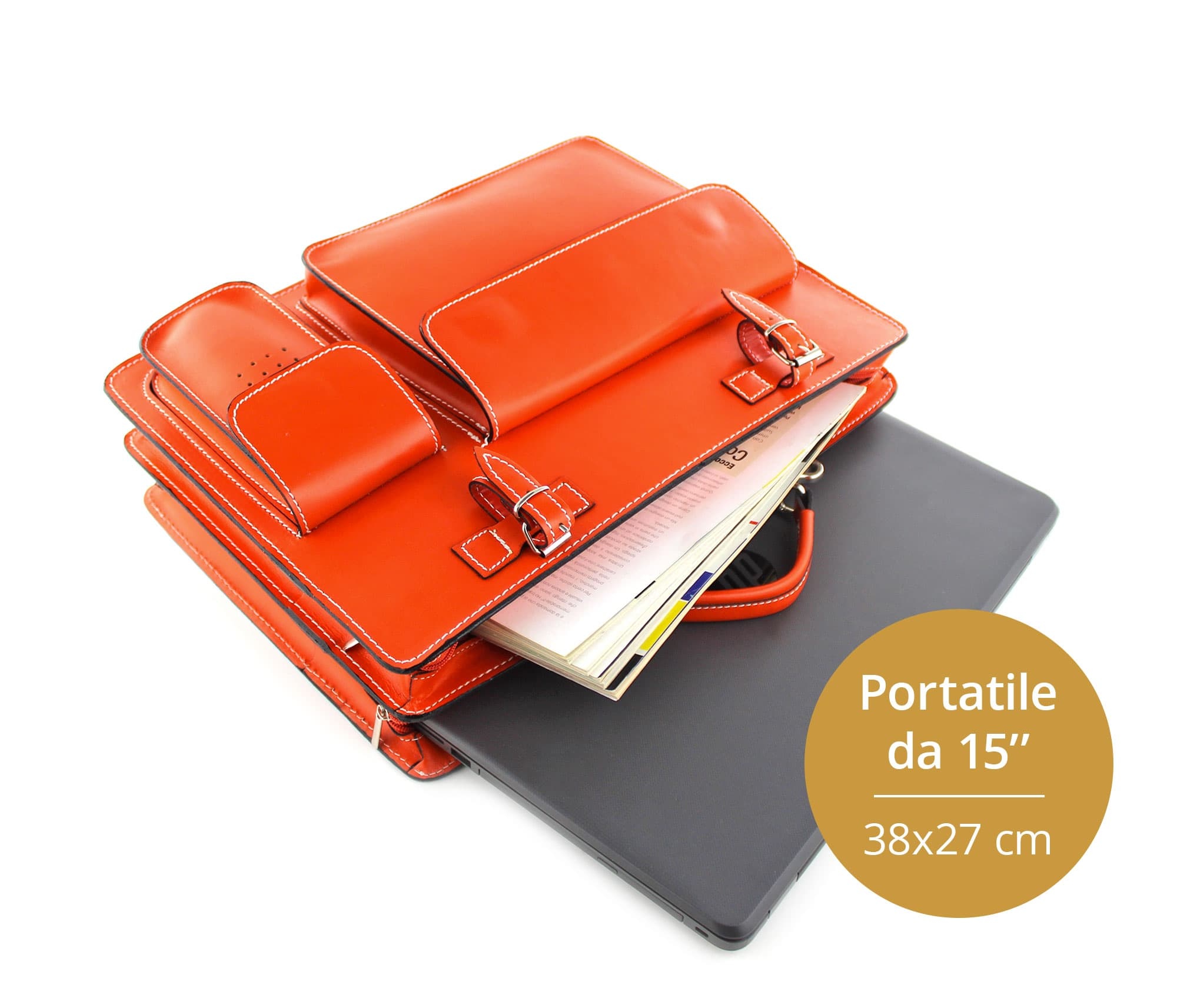 Cartella scuola/ufficio in vera pelle CHIAROSCURO mod. ALEX XXL, colore ARANCIONE, Made in Italy