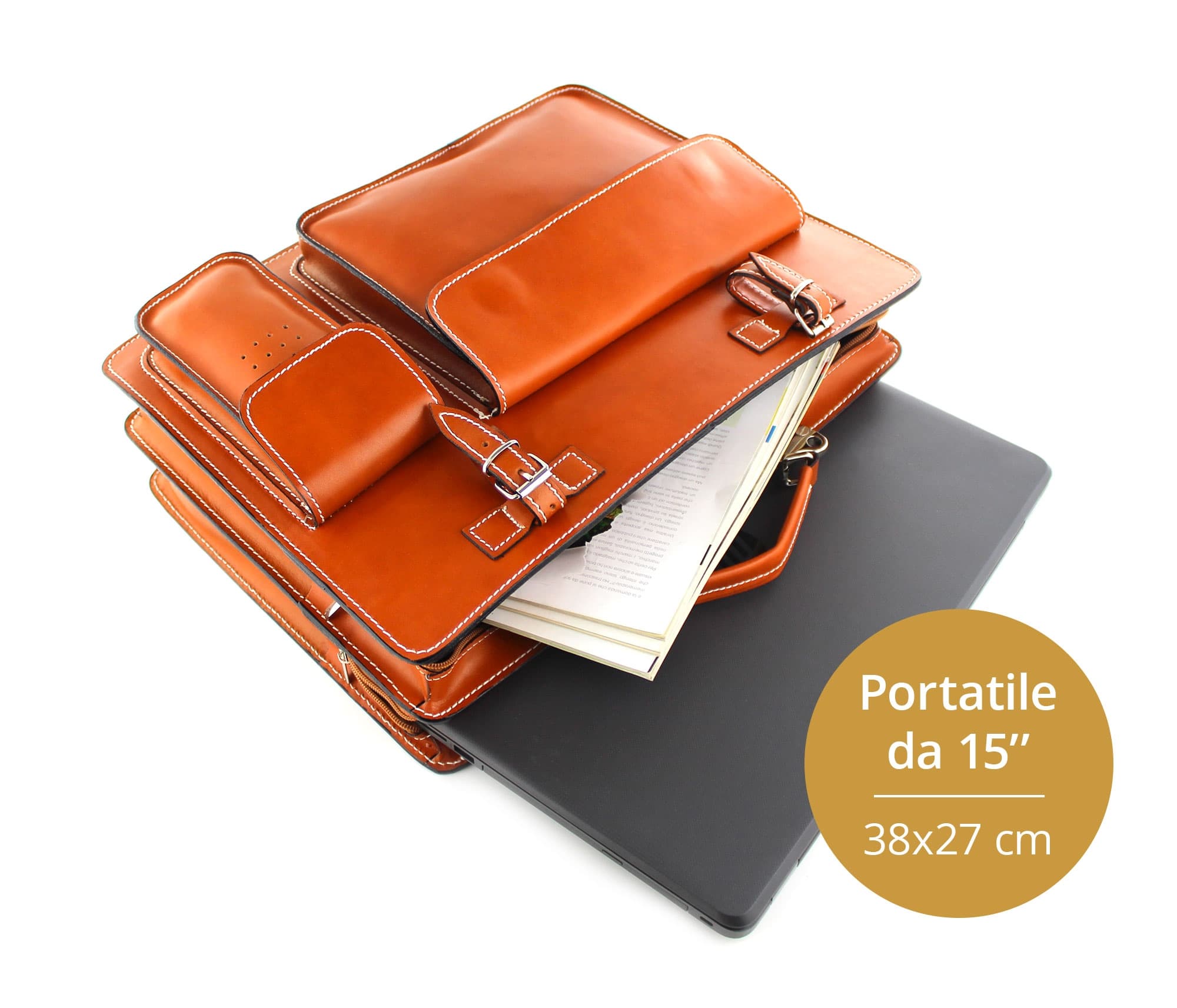 Cartella scuola/ufficio in vera pelle CHIAROSCURO mod. ALEX XXL, colore MIELE, Made in Italy
