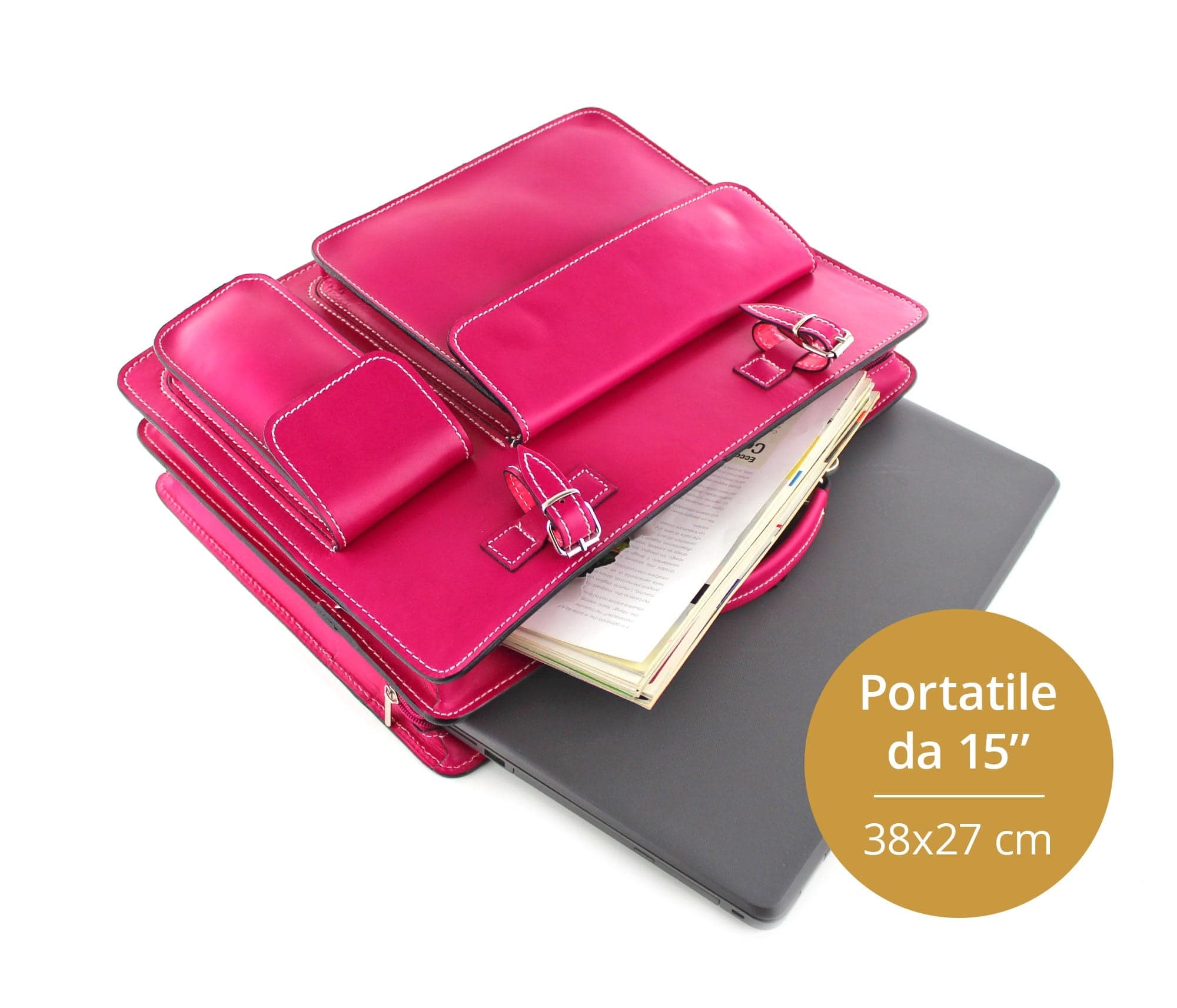 Cartella scuola/ufficio in vera pelle CHIAROSCURO mod. ALEX XXL, colore FUCSIA, Made in Italy